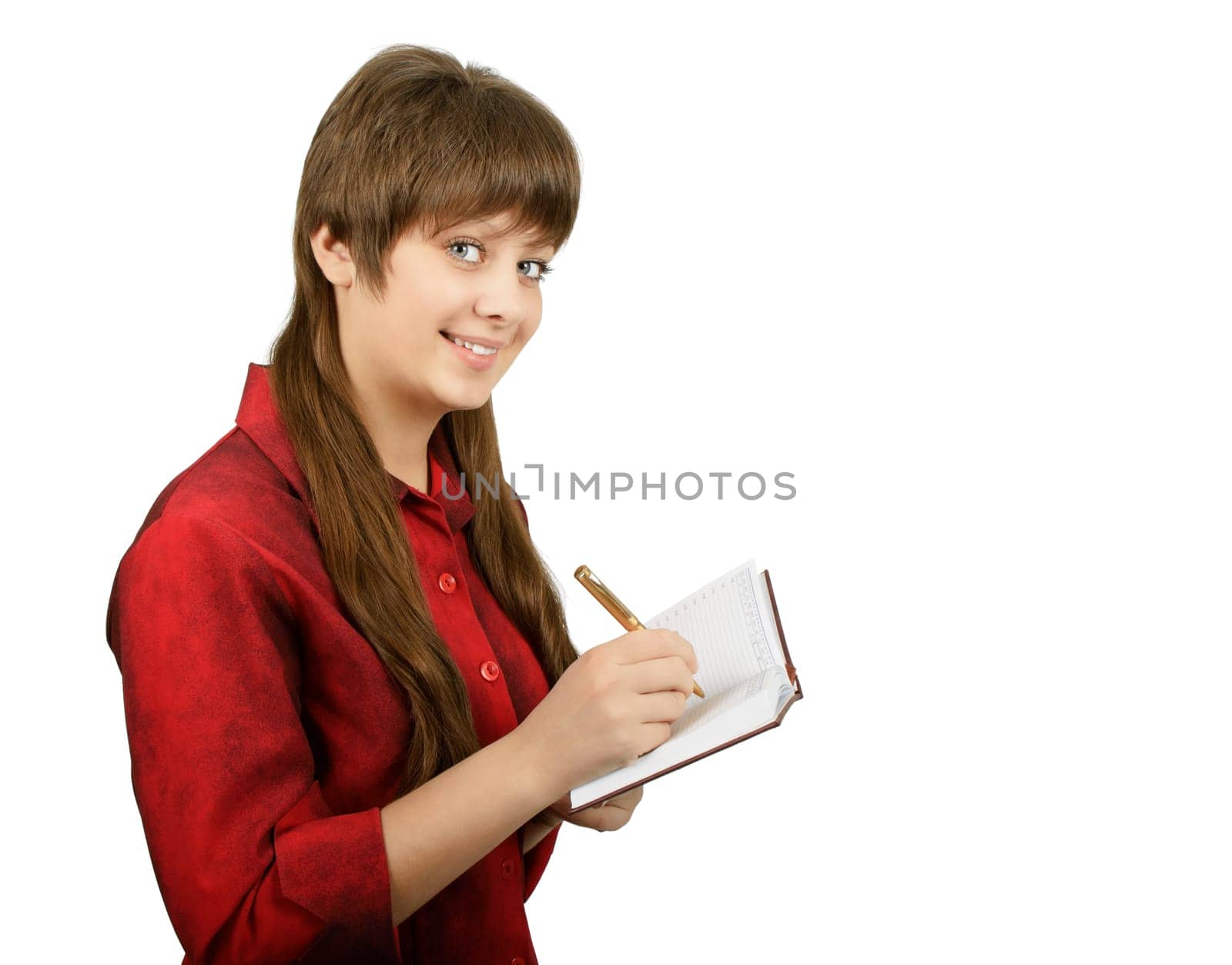 blue-eyed, smiling girl with a notebook on a white background