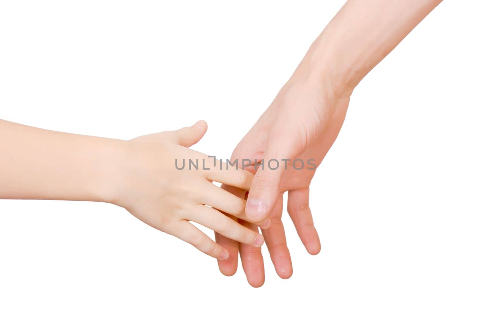man holding a child by the hand. White isolated background