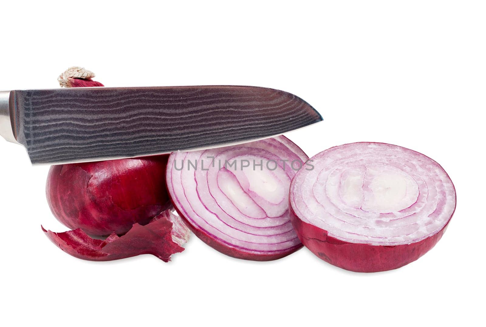 Whole and sliced red onions with knife against a white background