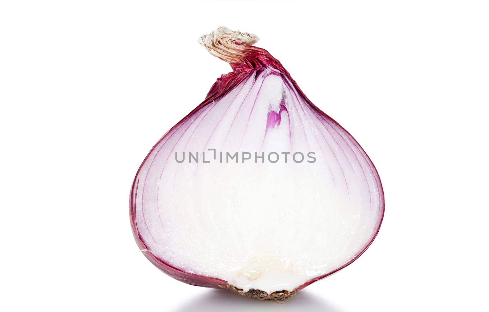 Macro image of a halved red onion isolated against a white background