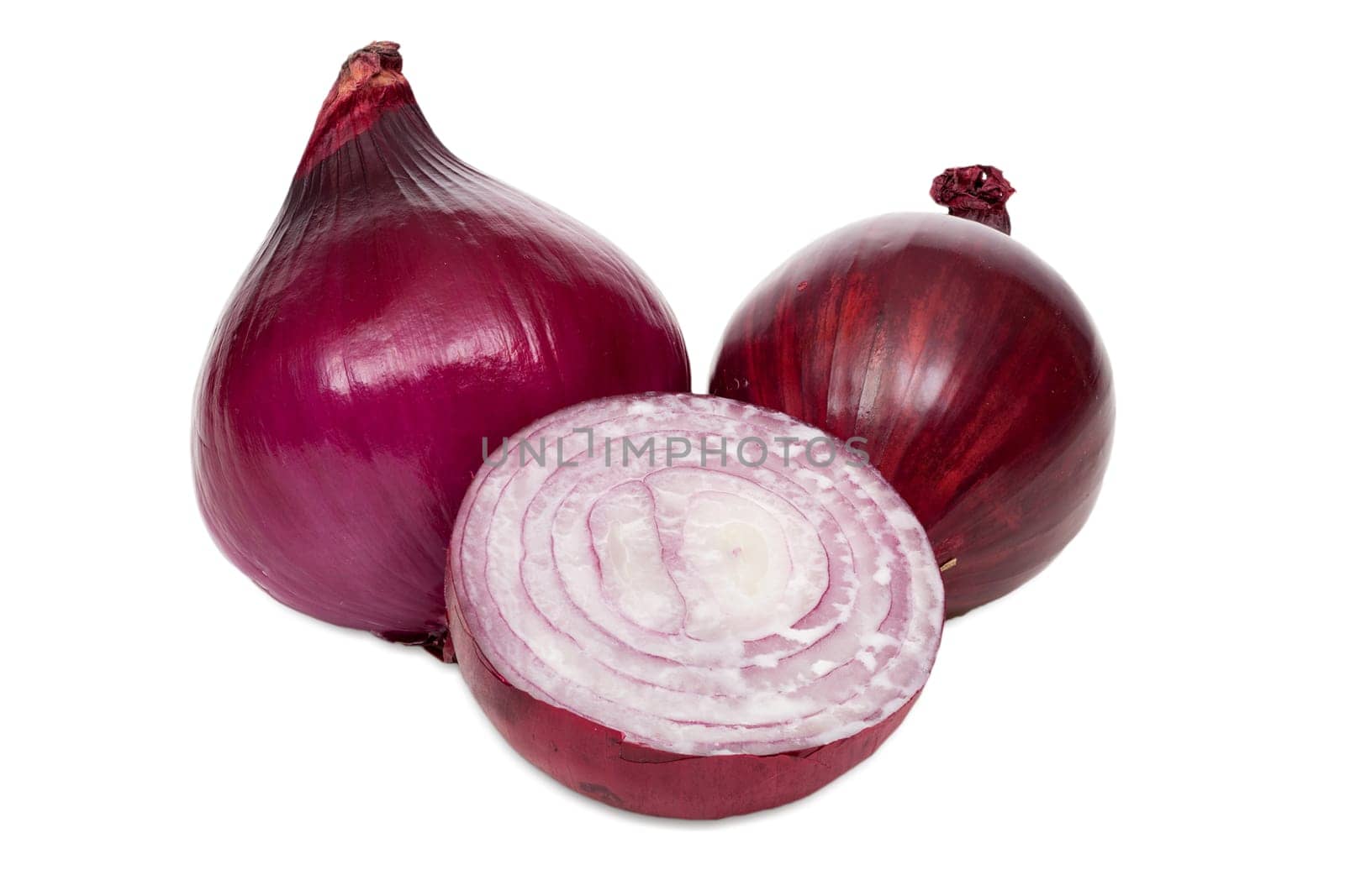 Red onions,whole and half insulated against a white background