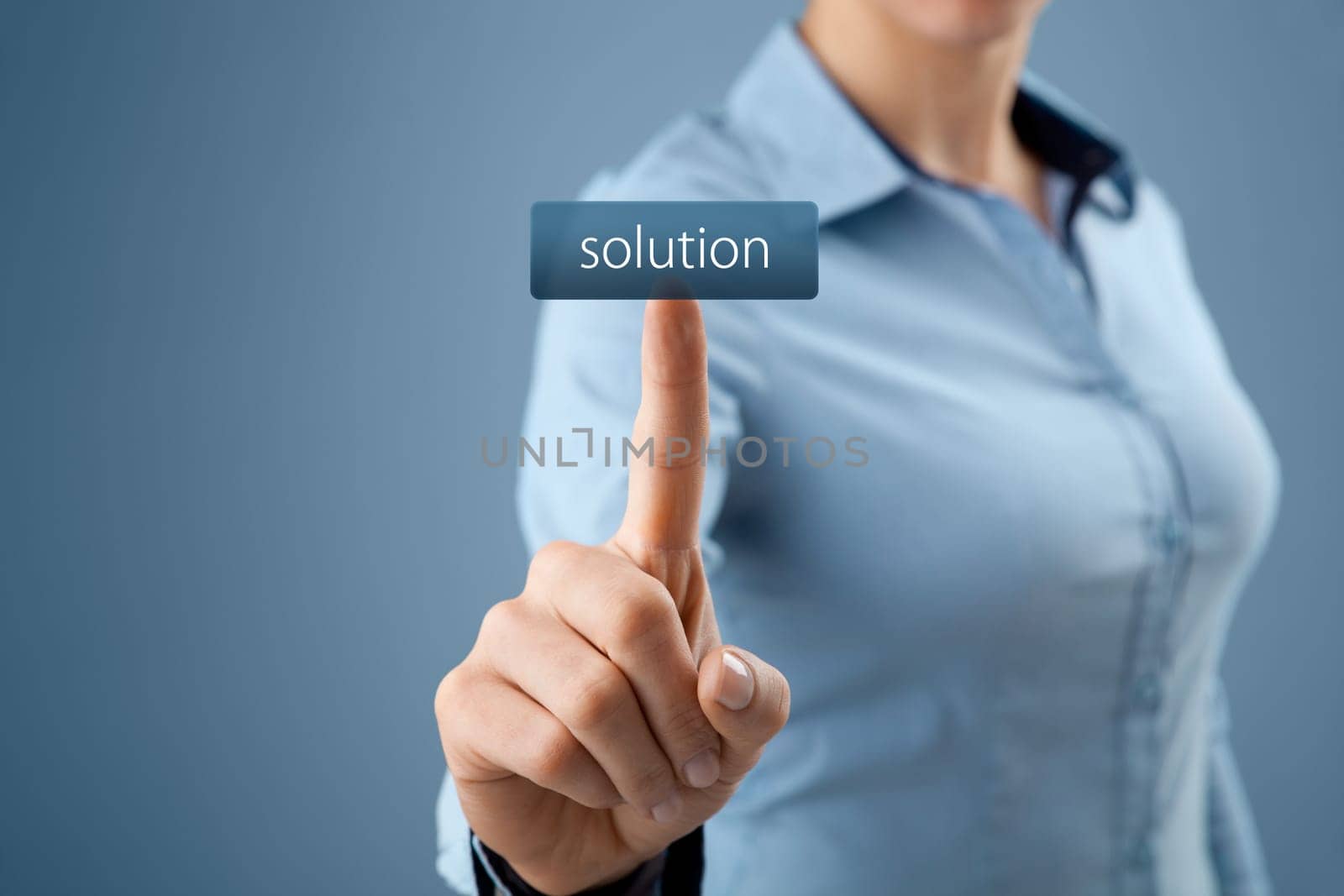Get solution concept. Businesswoman click on virtual button with text solution (look for easy solutions).