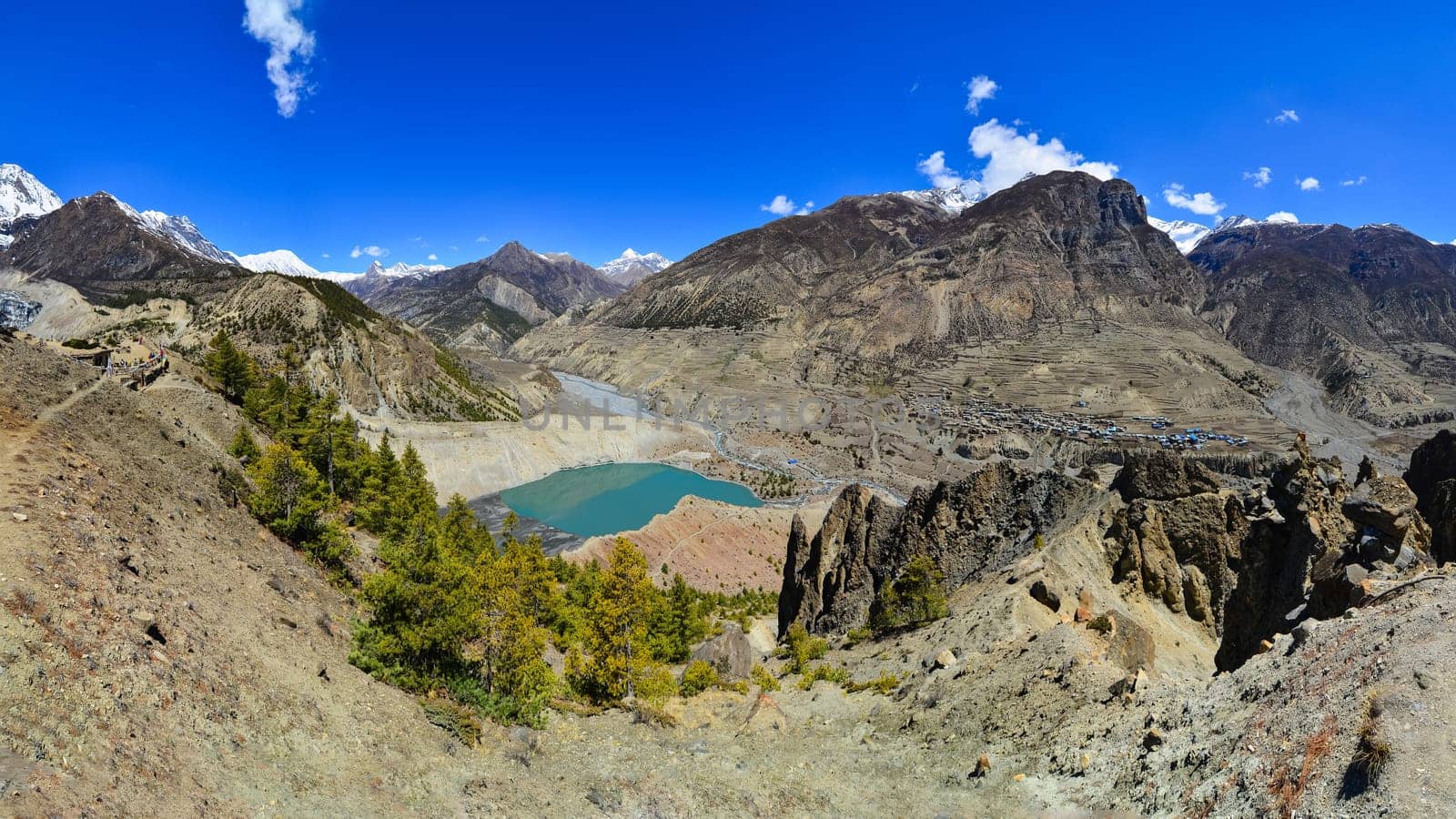 Himalayas mountain panorama with Gangapurna lake and Manang village
