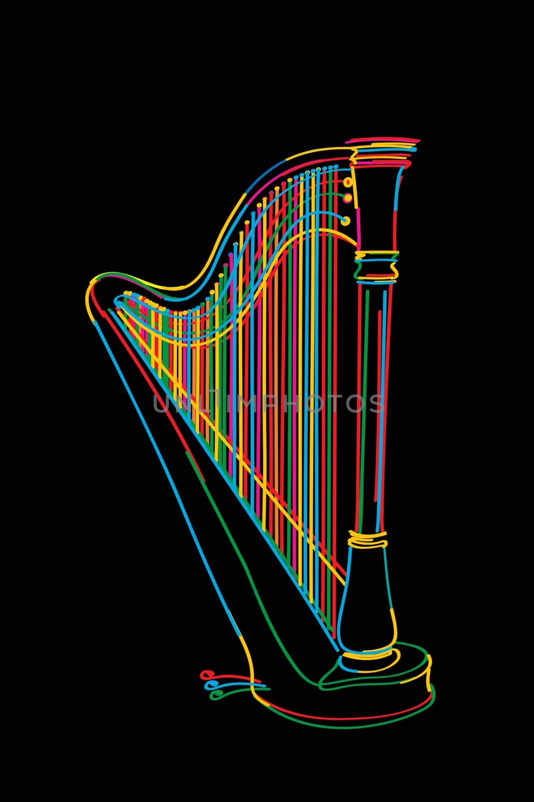 Decorated harp sketch in colors over black