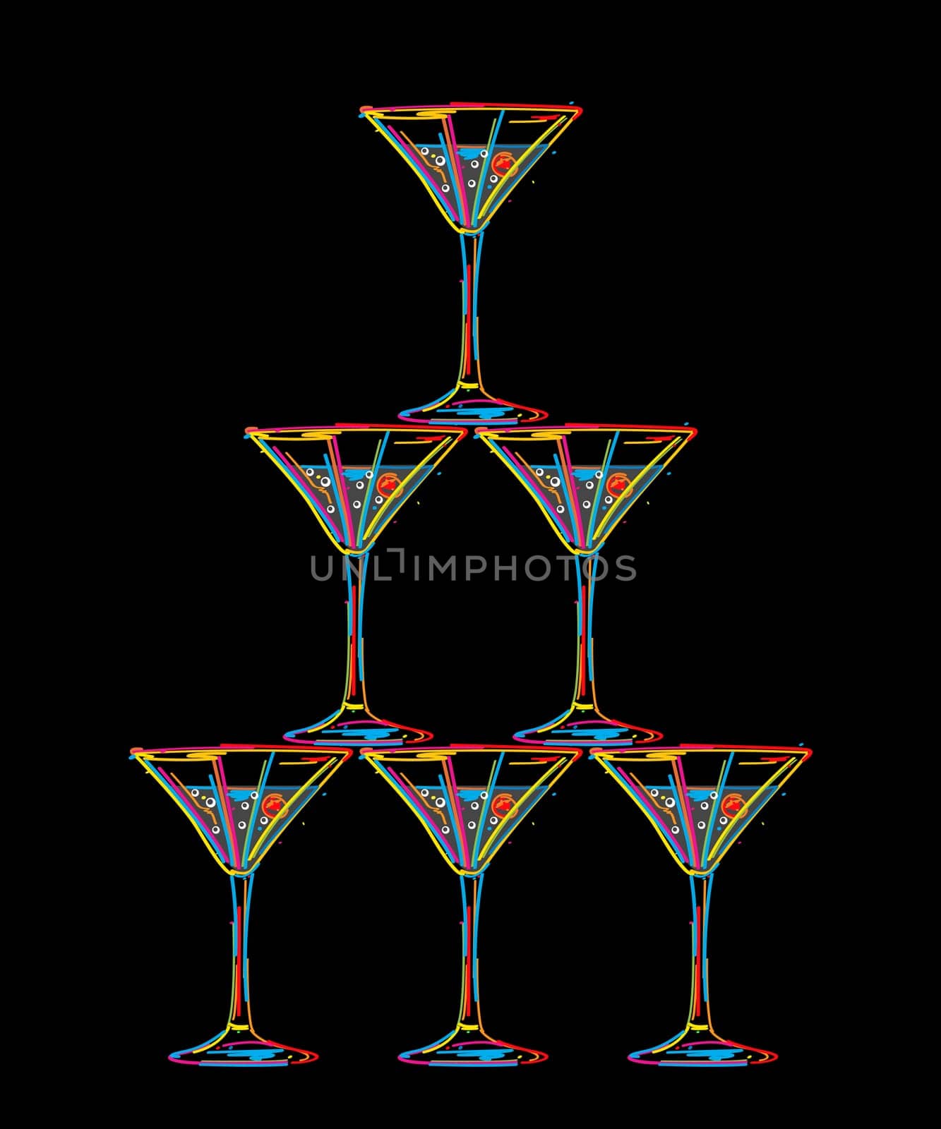Tower of champagne glasses, isolated objects on black background
