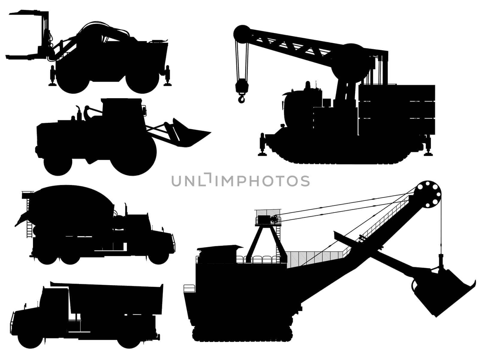 Mining and construction machine silhouettes over white background