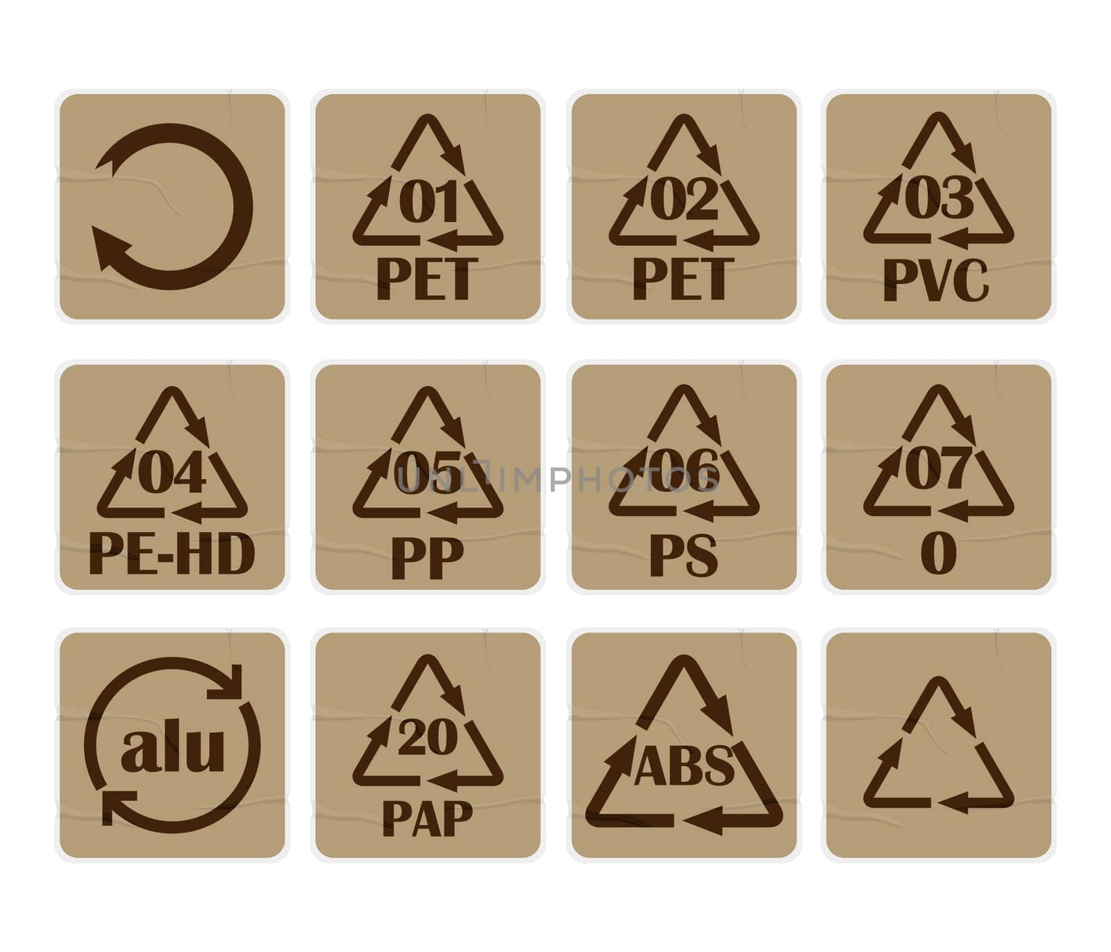 Collection of recycling codes for paper and plastic against white background