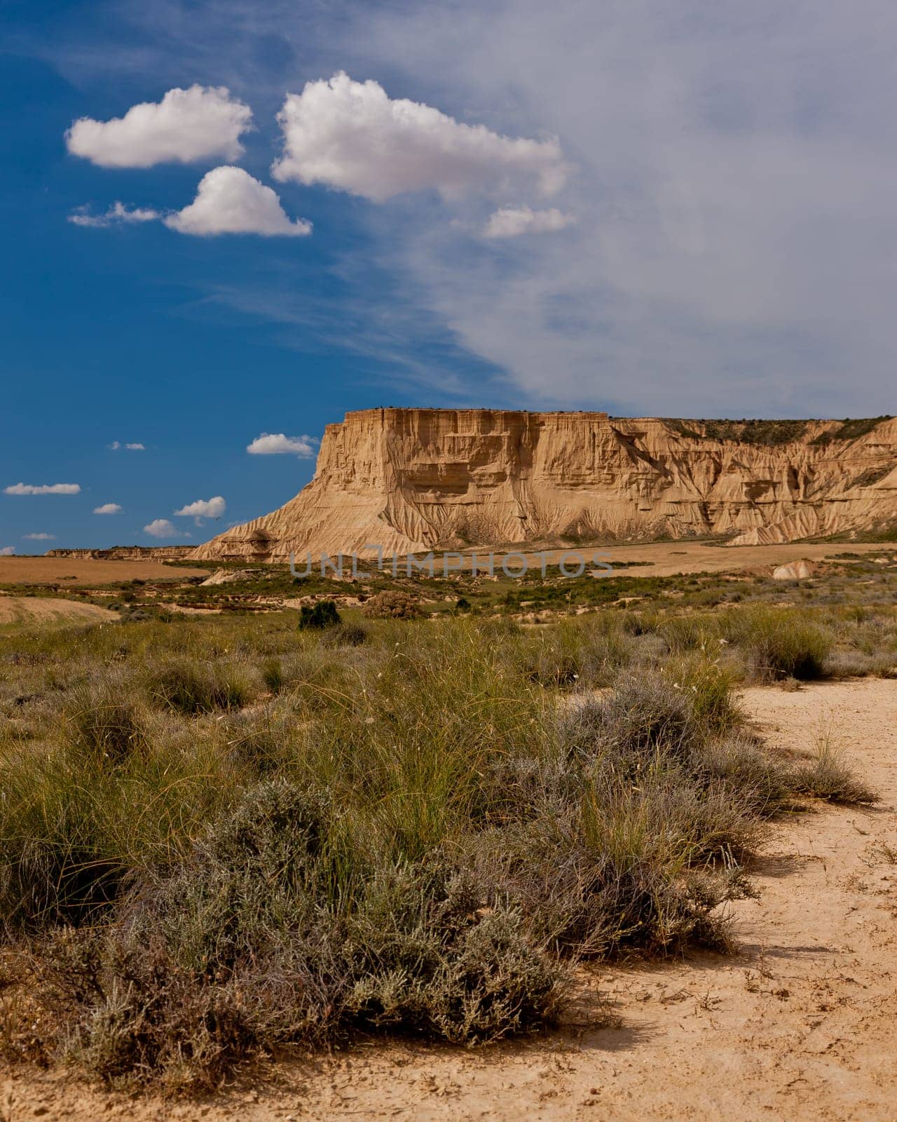 Desert landscape under the cloudy sky, Bardenas Reales, Navarra, Spain