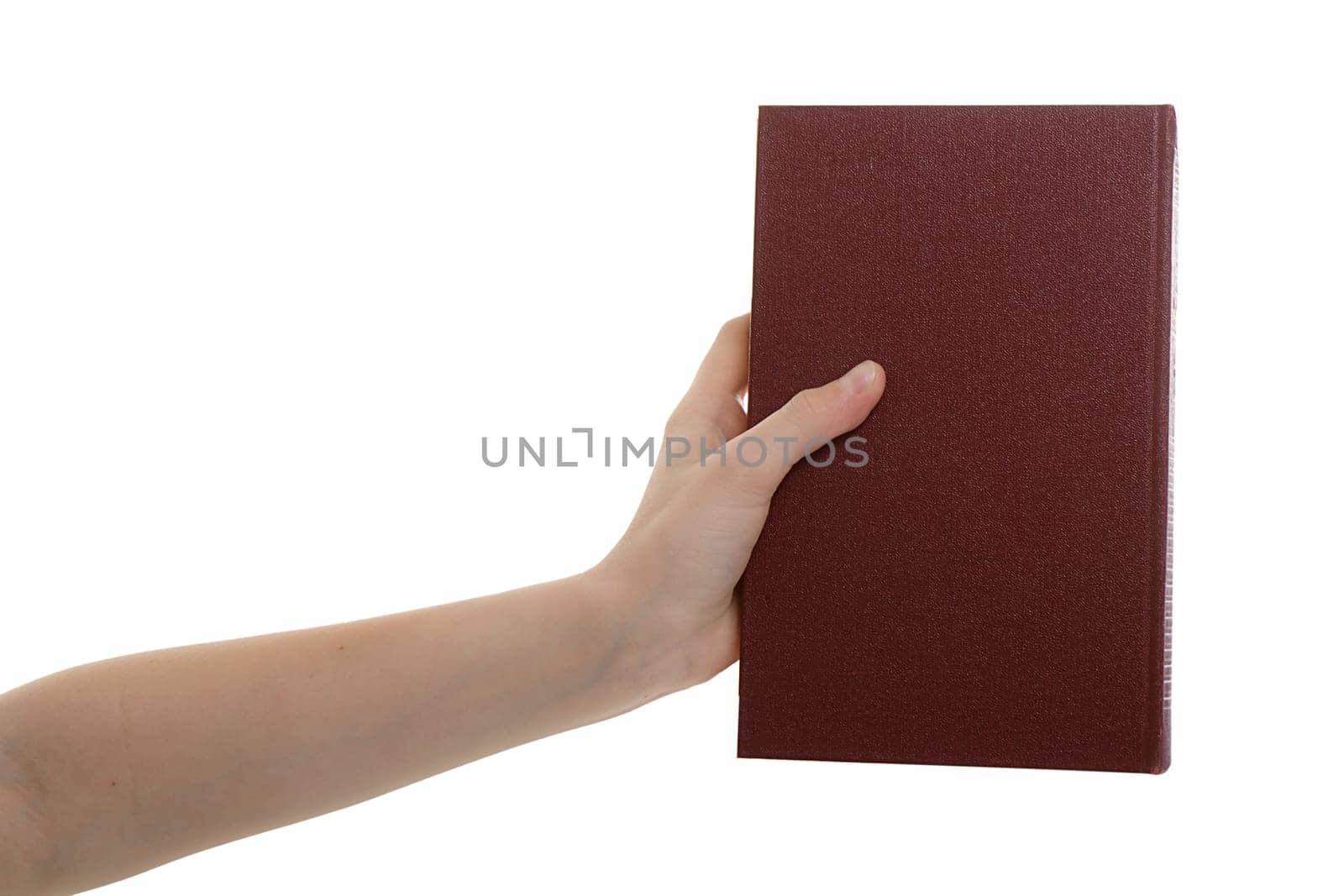 on white hand holds a closed book