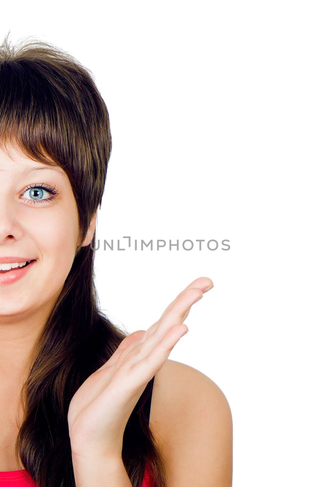 on a white background beautiful delighted happy girl with blue eyes