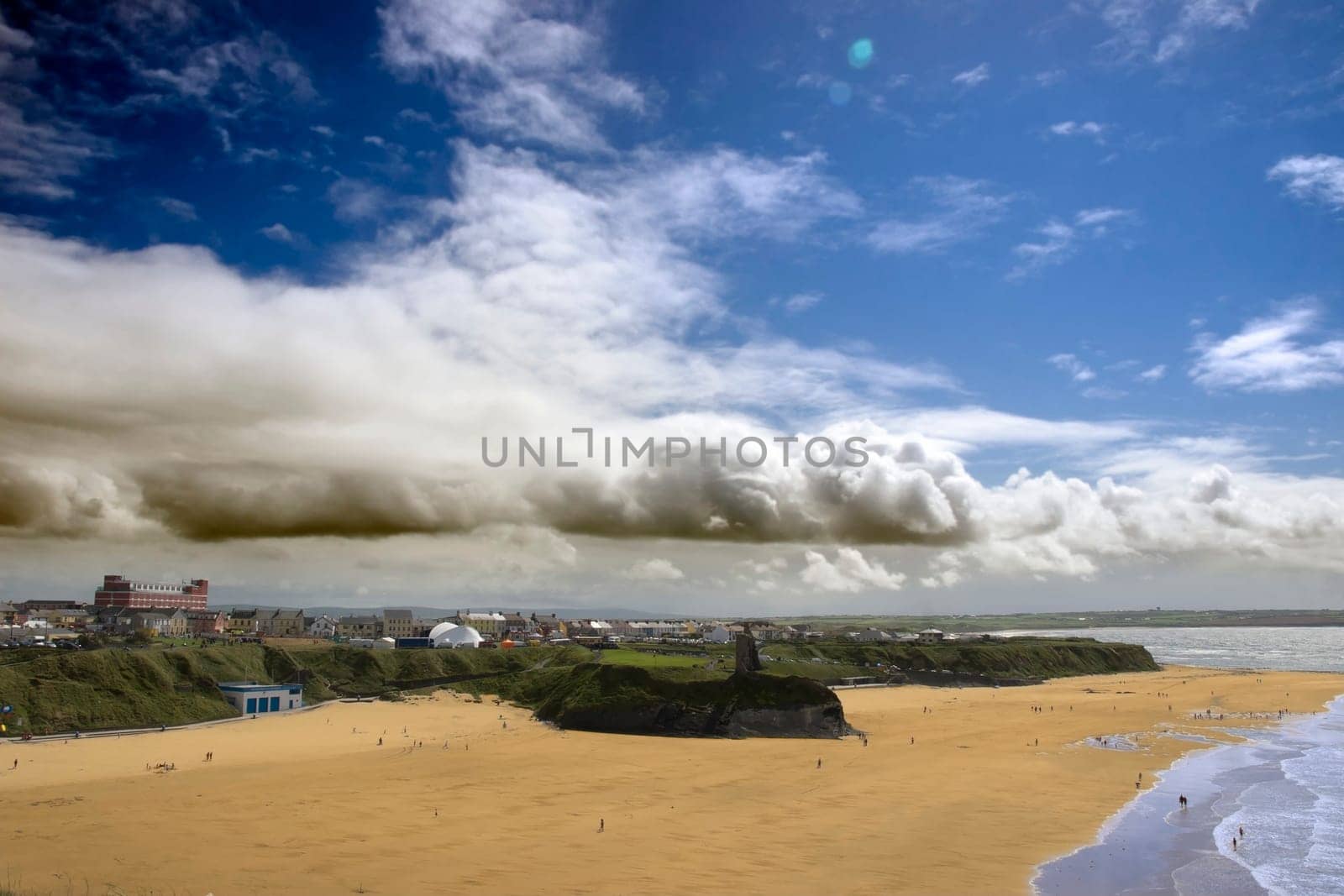 ballybunion in summer storm with panaramic view of the town and beach