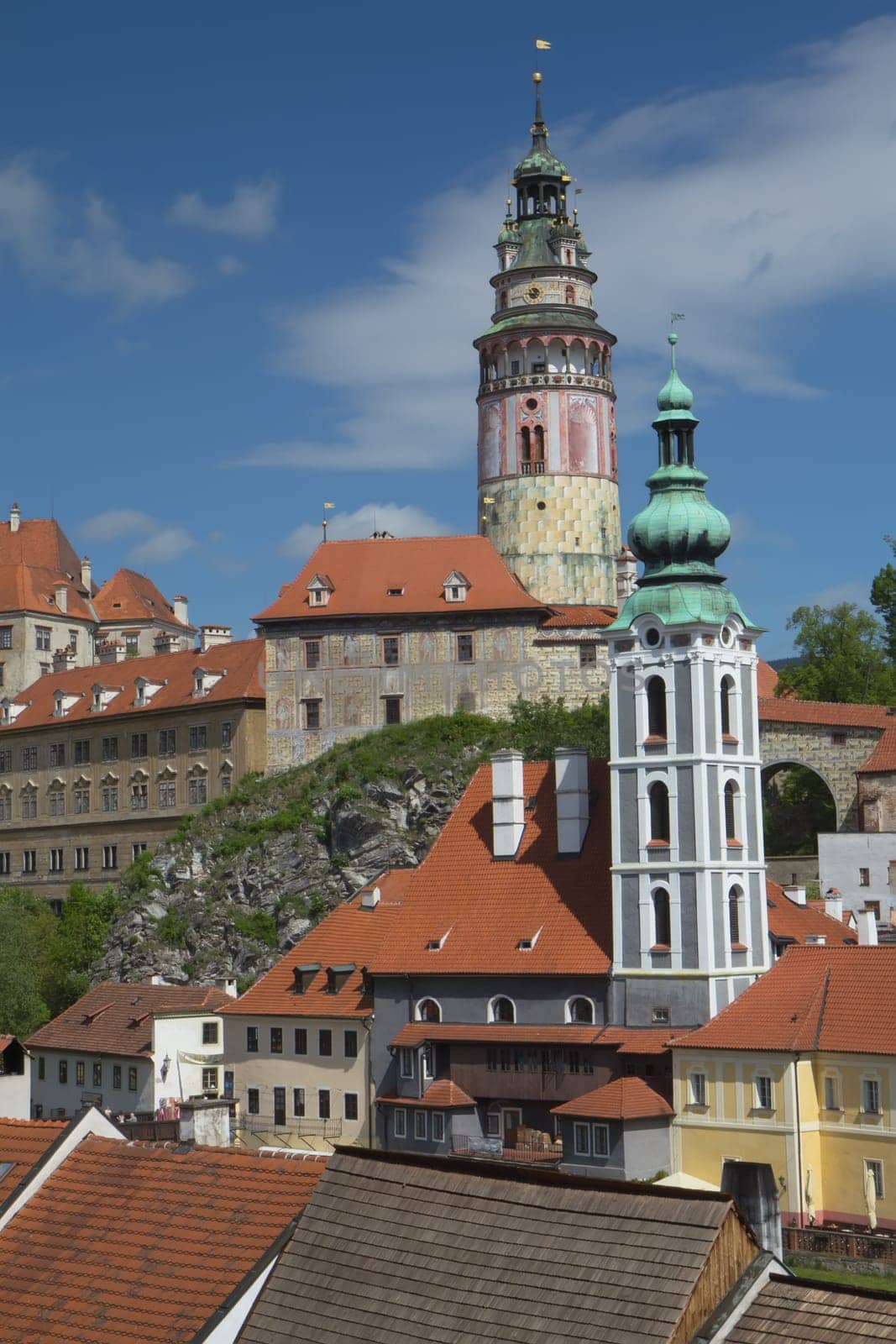 The view of the town and castle of Cesky Krumlov in the summer. UNESCO heritage.  Vertically.