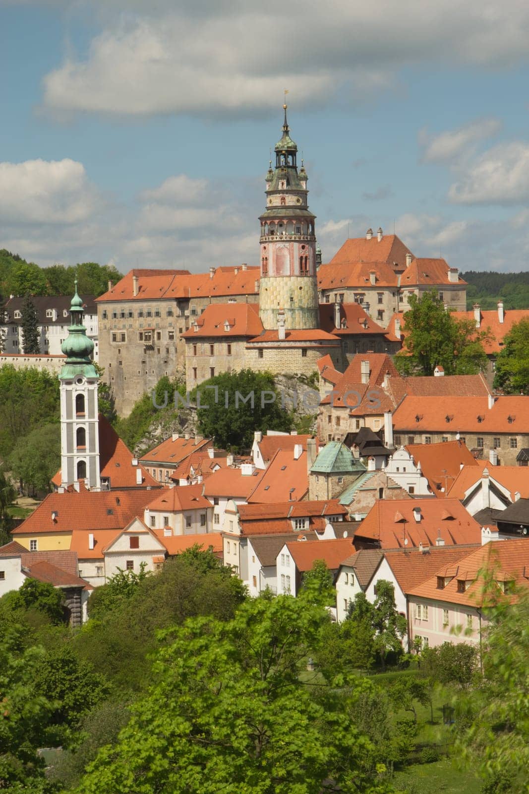 The view of the town and castle of Cesky Krumlov in the summer. UNESCO heritage.  Vertically.