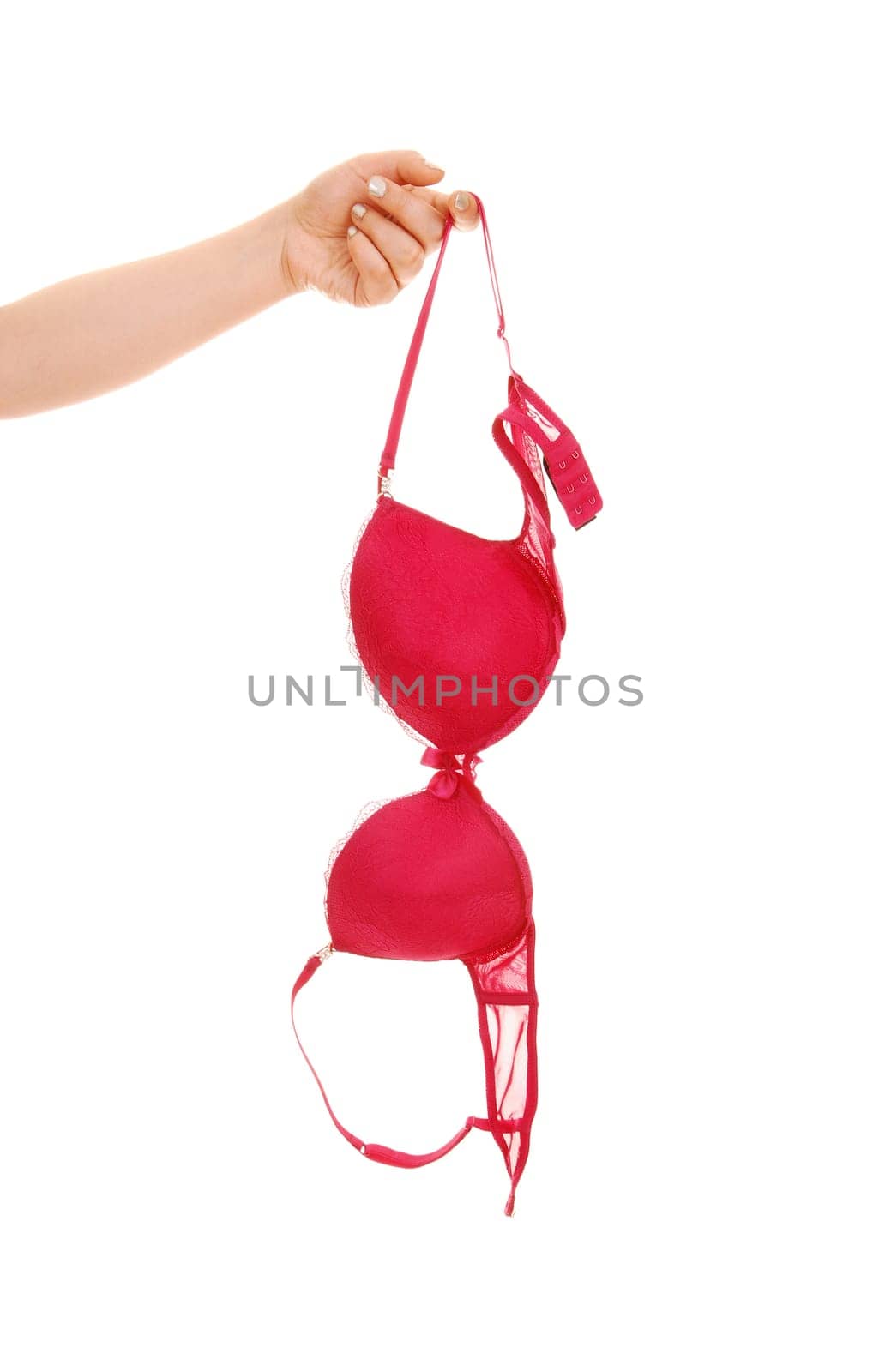 A woman's hand holding a red bra for white background.