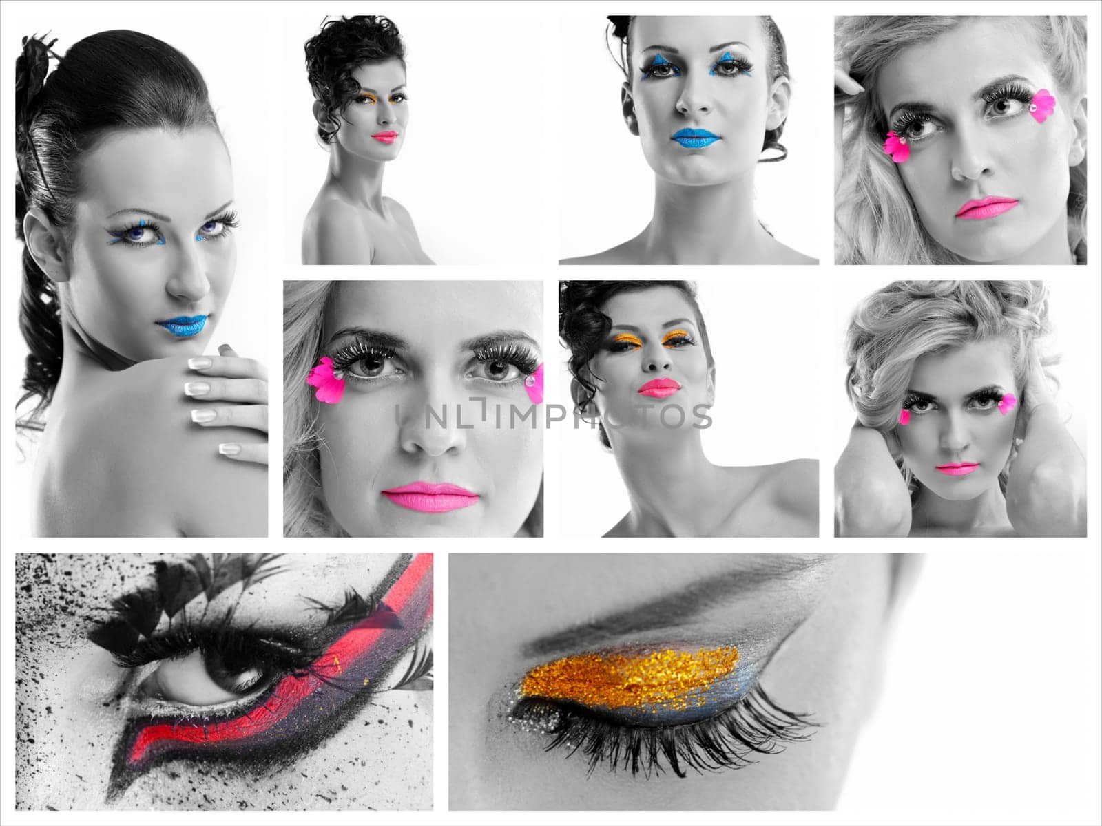 Fashion Beauty collage. Beautiful Woman With hairsyle  and Luxury Makeup isolated on white background in studio. Beautiful Girl Face