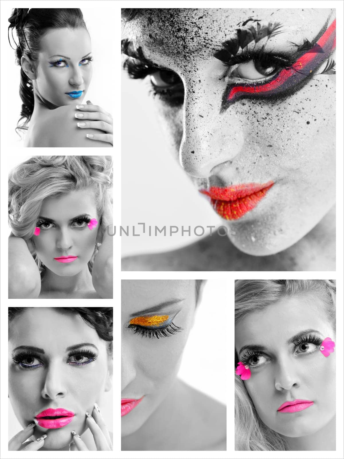 Fashion Beauty collage. Beautiful Woman With hairsyle  and Luxury Makeup isolated on white background in studio. Beautiful Girl Face