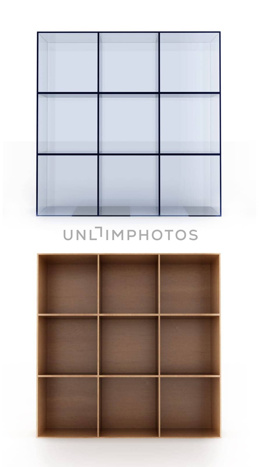 3D shelves on white background. Glass and wood material