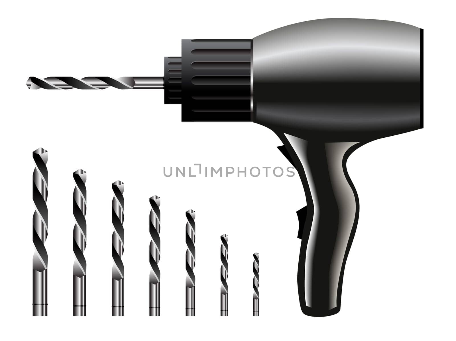 Realistic power drills on white background