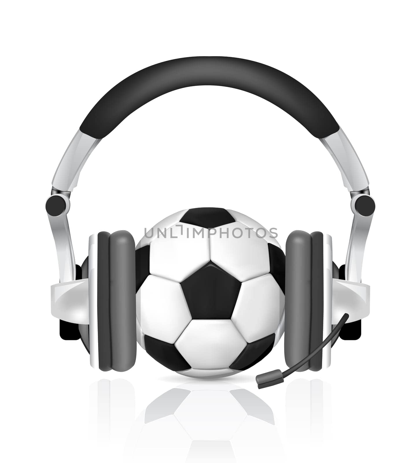 soccer concept, ball in headphones, as commentator on white background