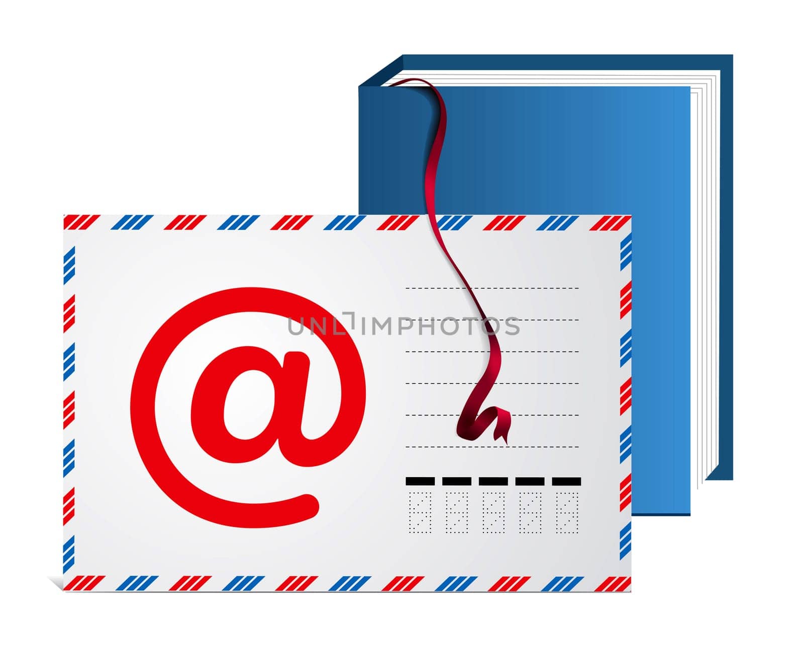 E-mail address book with bookmark ribbon on white background