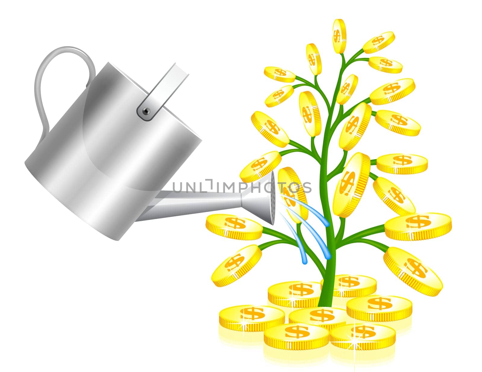 Money tree with watering can illustration on white background