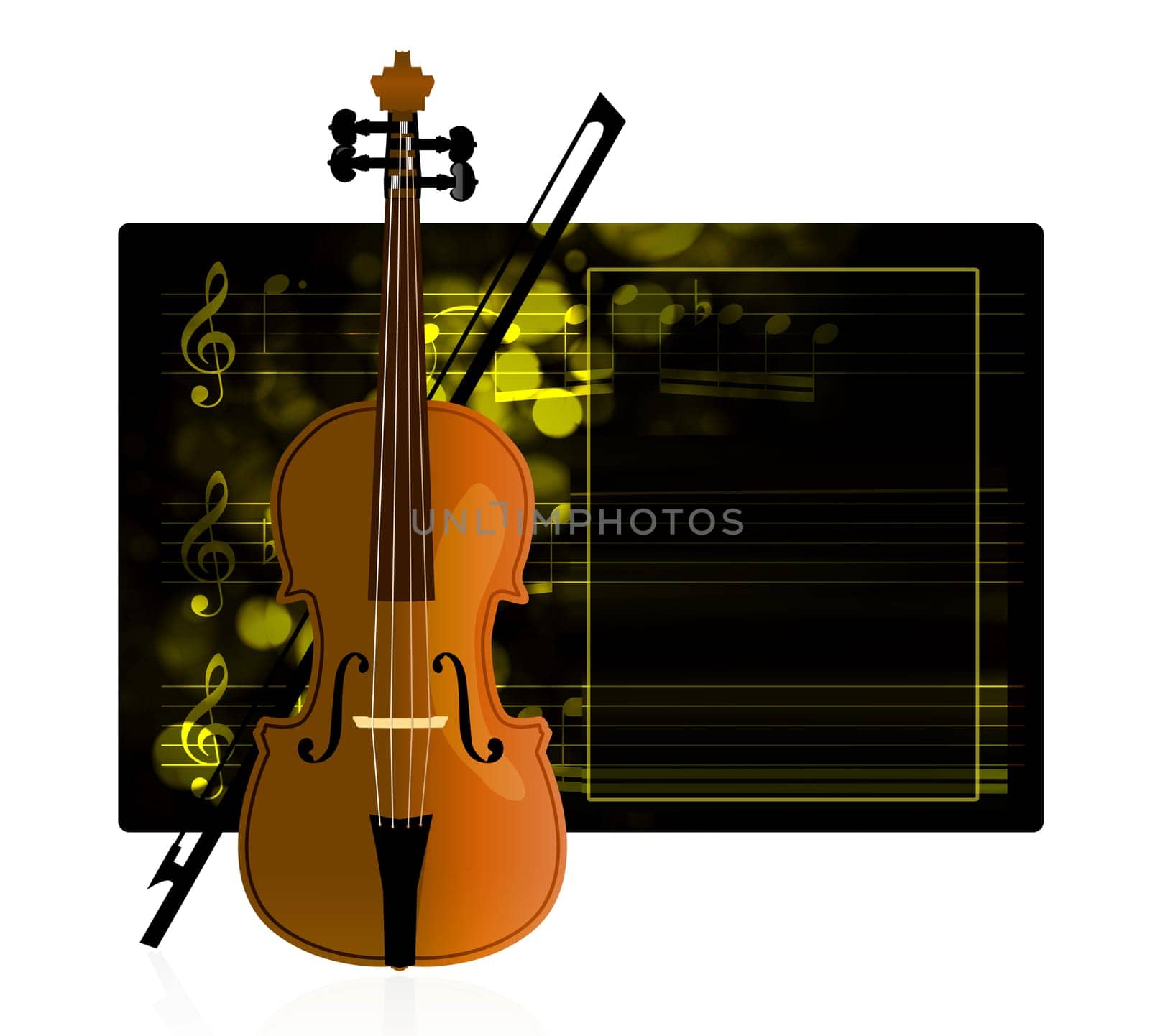 Violin with notes and bow on black