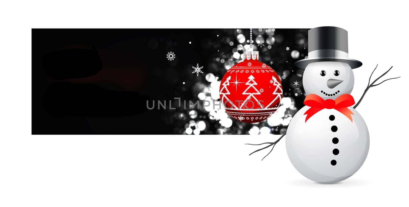 Christmas card with snowman and tree sphere on black