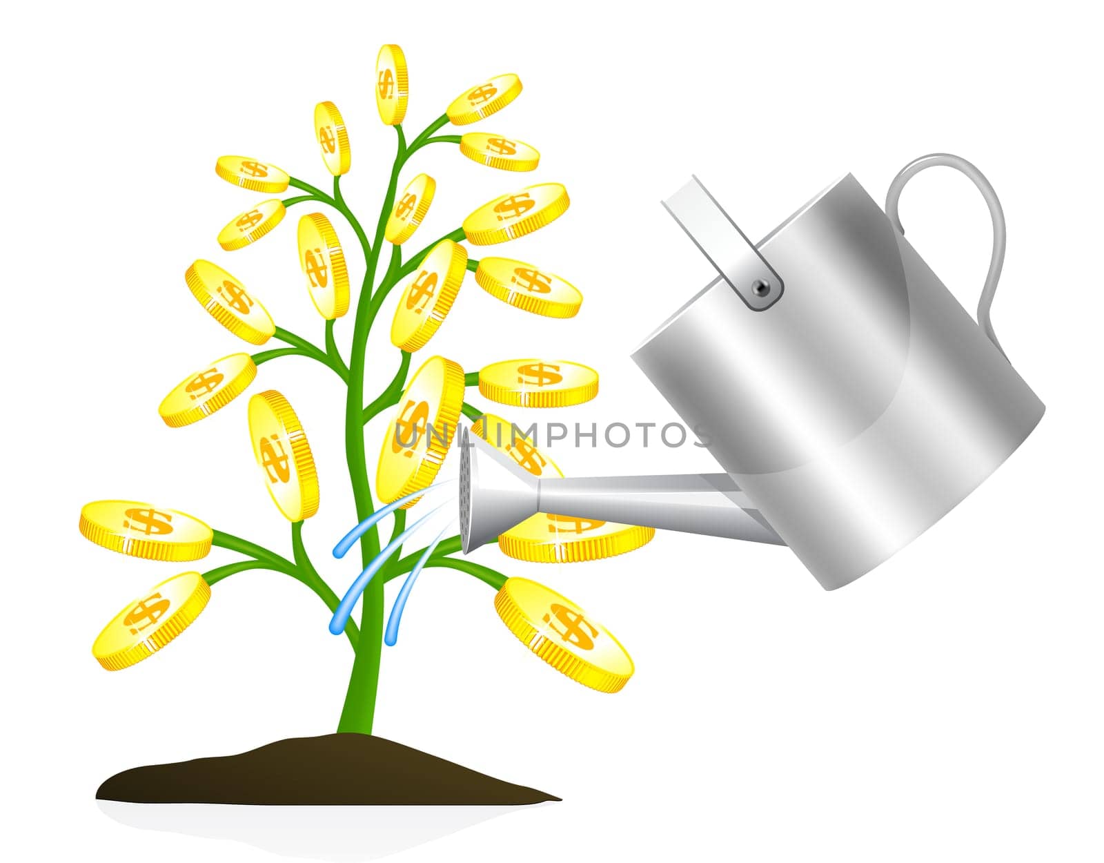 Money tree with watering can illustration on white background