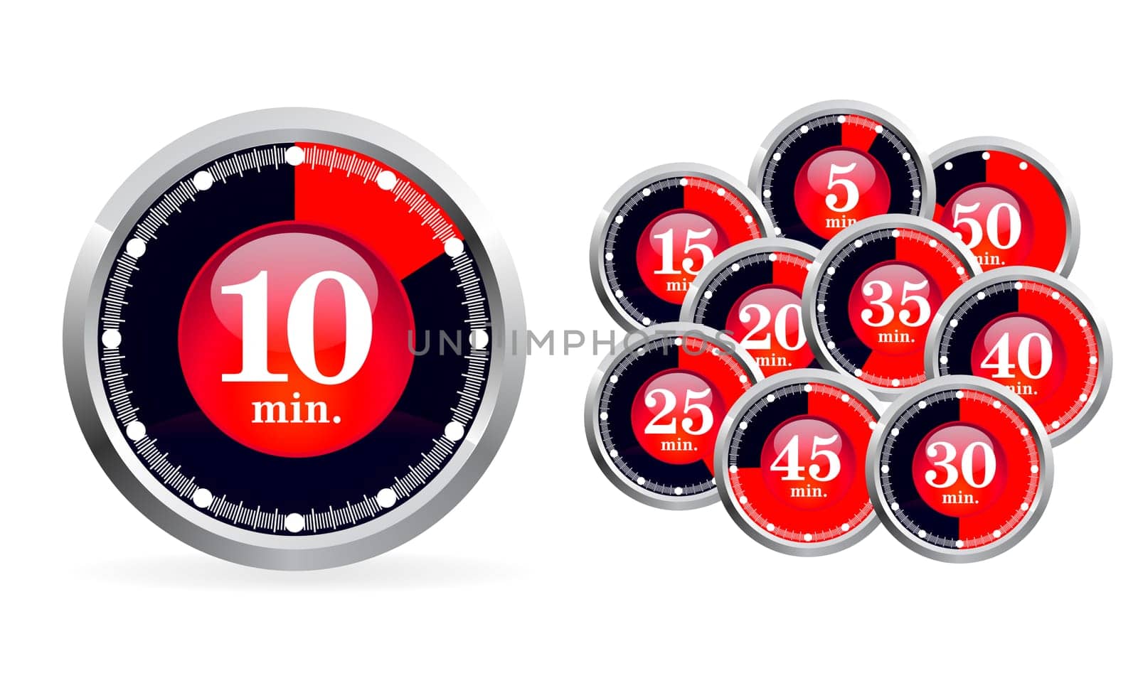Set of timers on white background