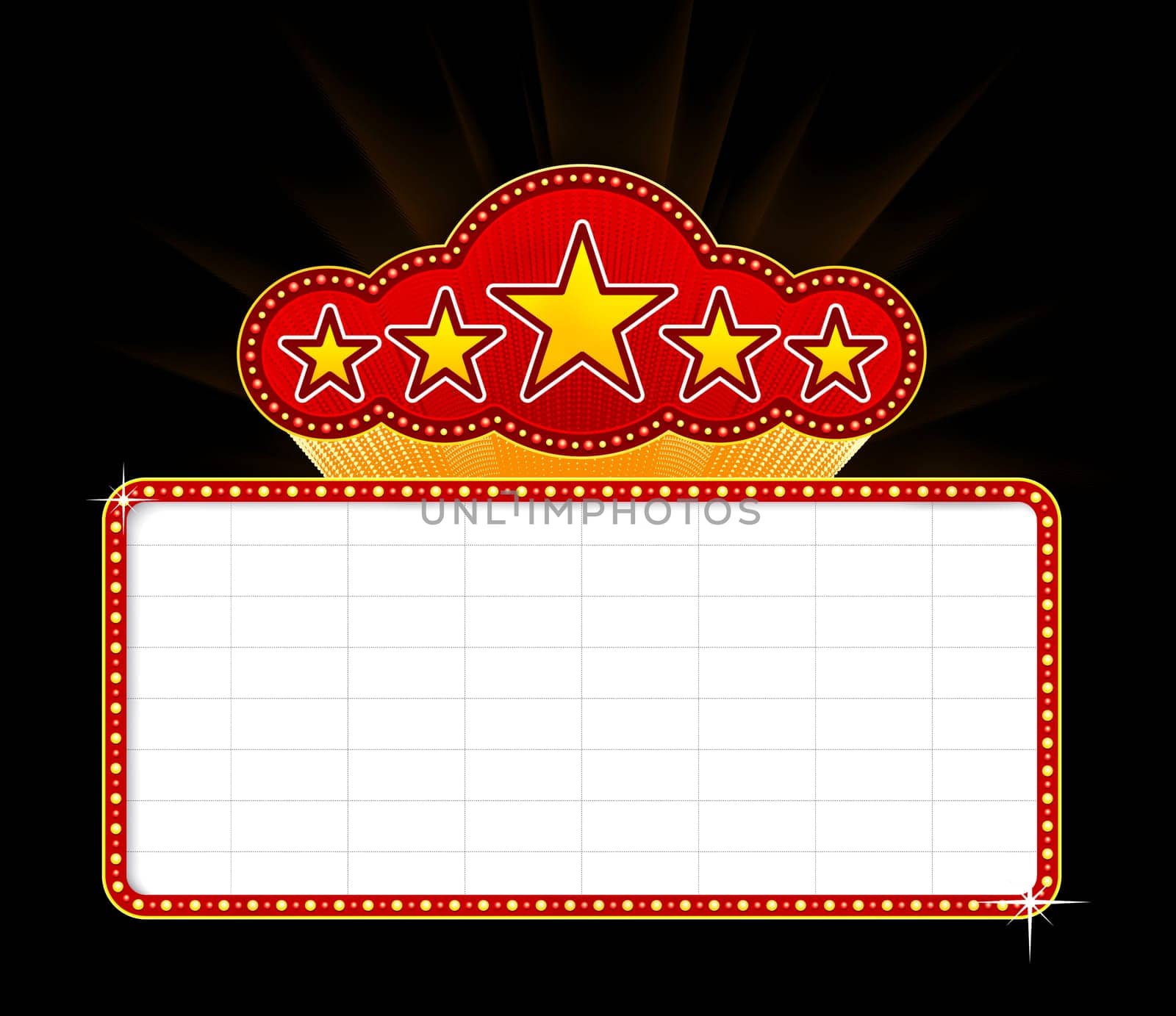 Blank movie, theater or casino marquee with stars isolated on black background