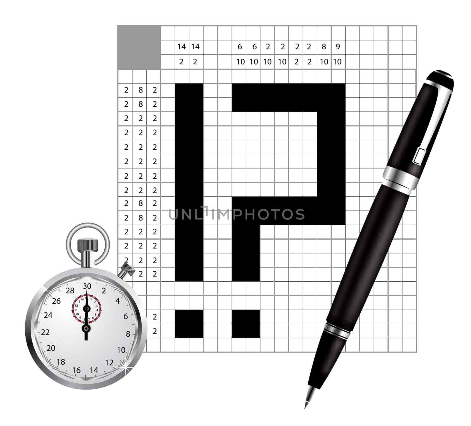 A blank of japan crossword with pen and stopwatch