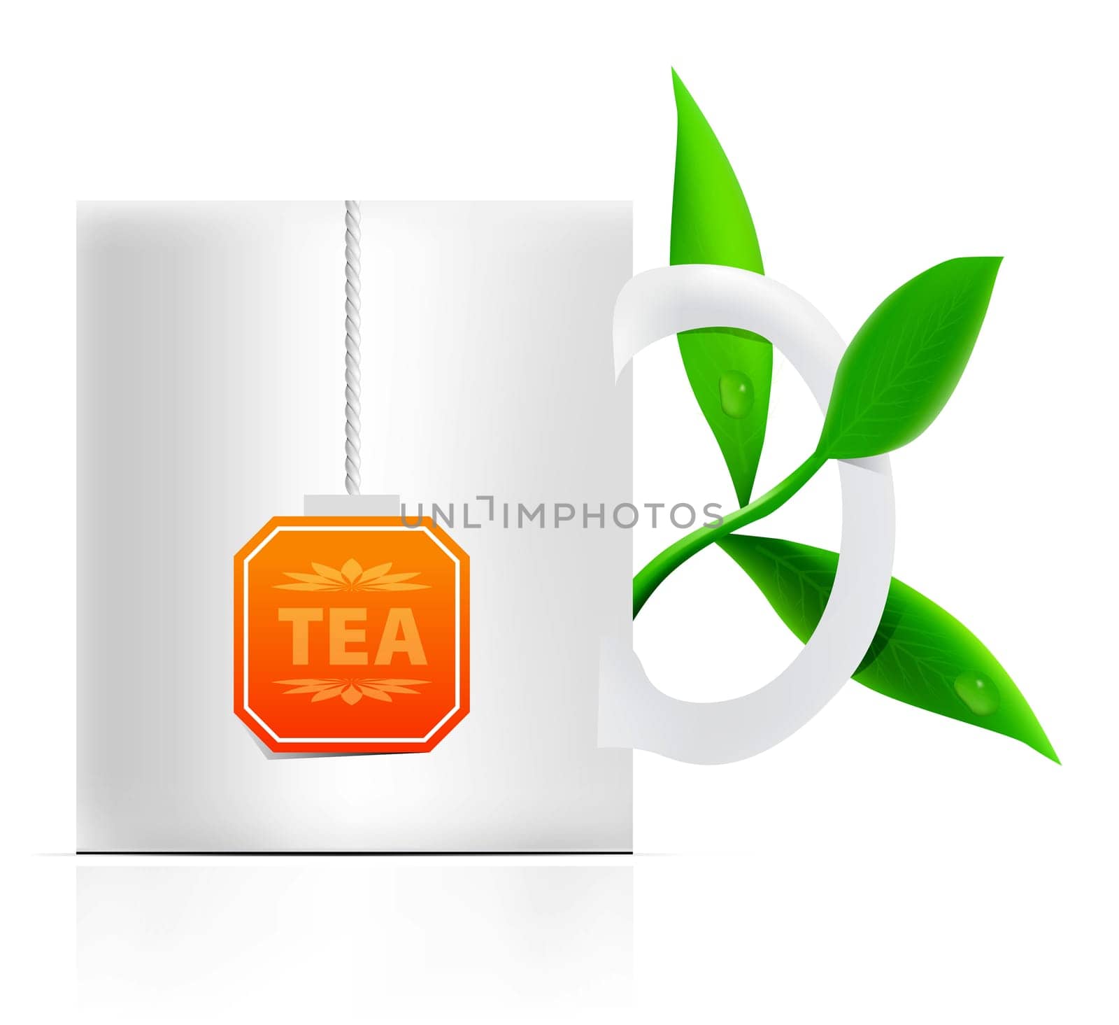 tea mug with teabag label and leaves