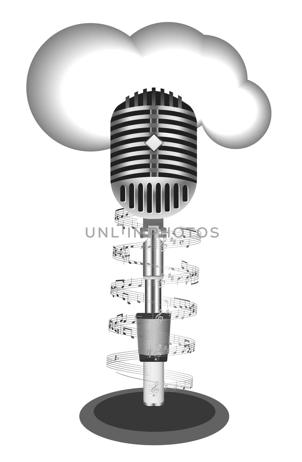 Antique microphone with music note on white