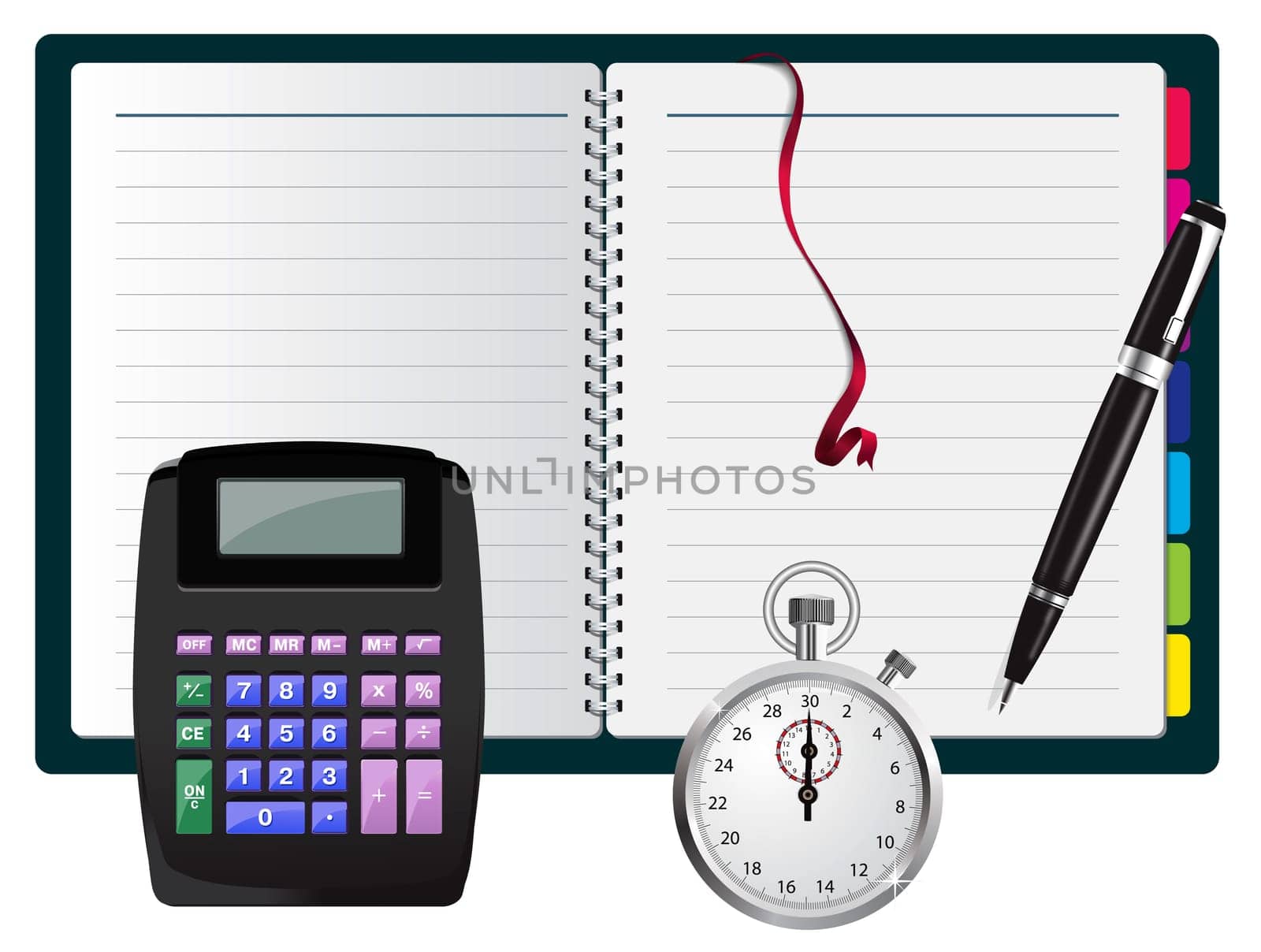 note with calculator, pen and stopwatch