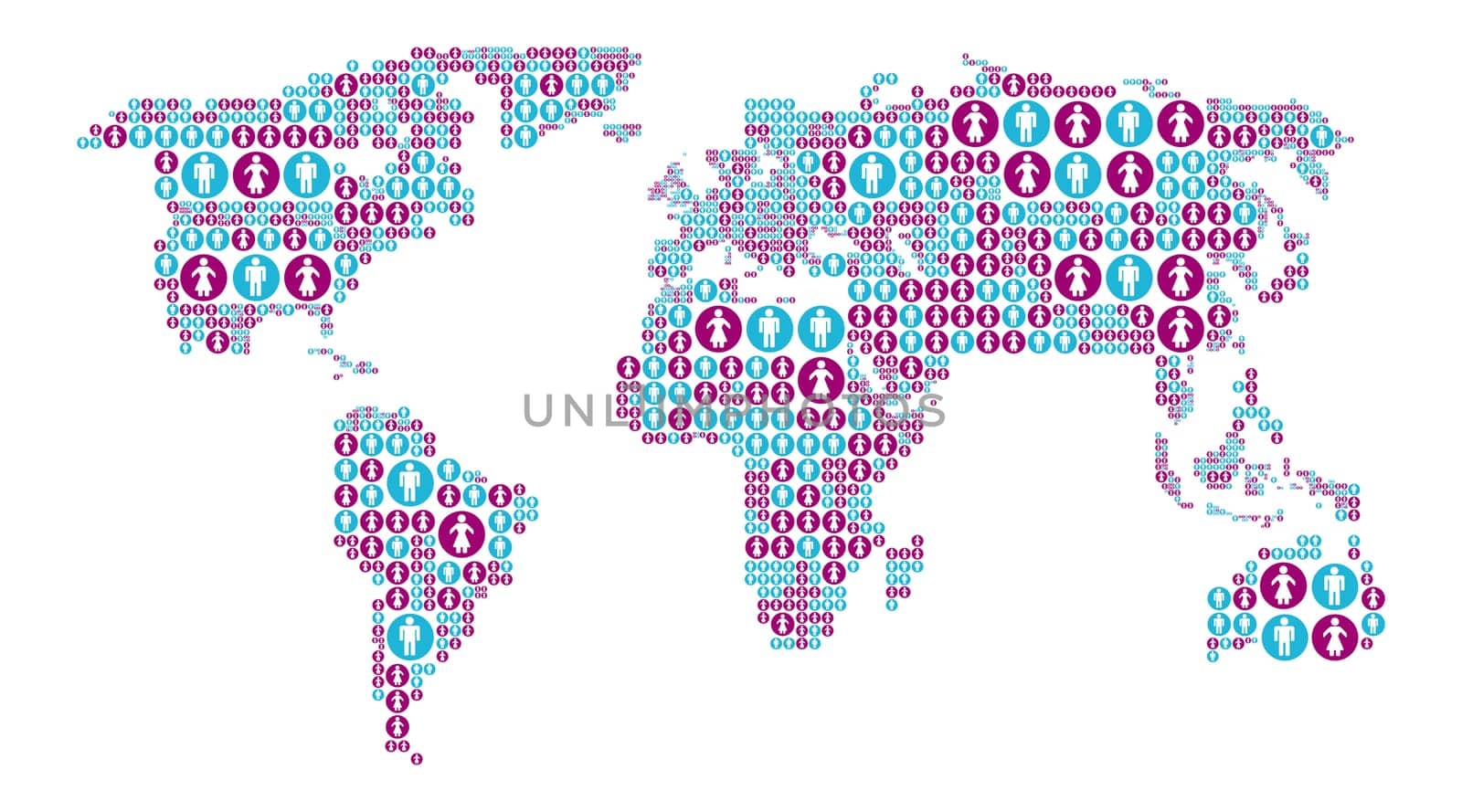 World map with male and female icons. Vector illustration