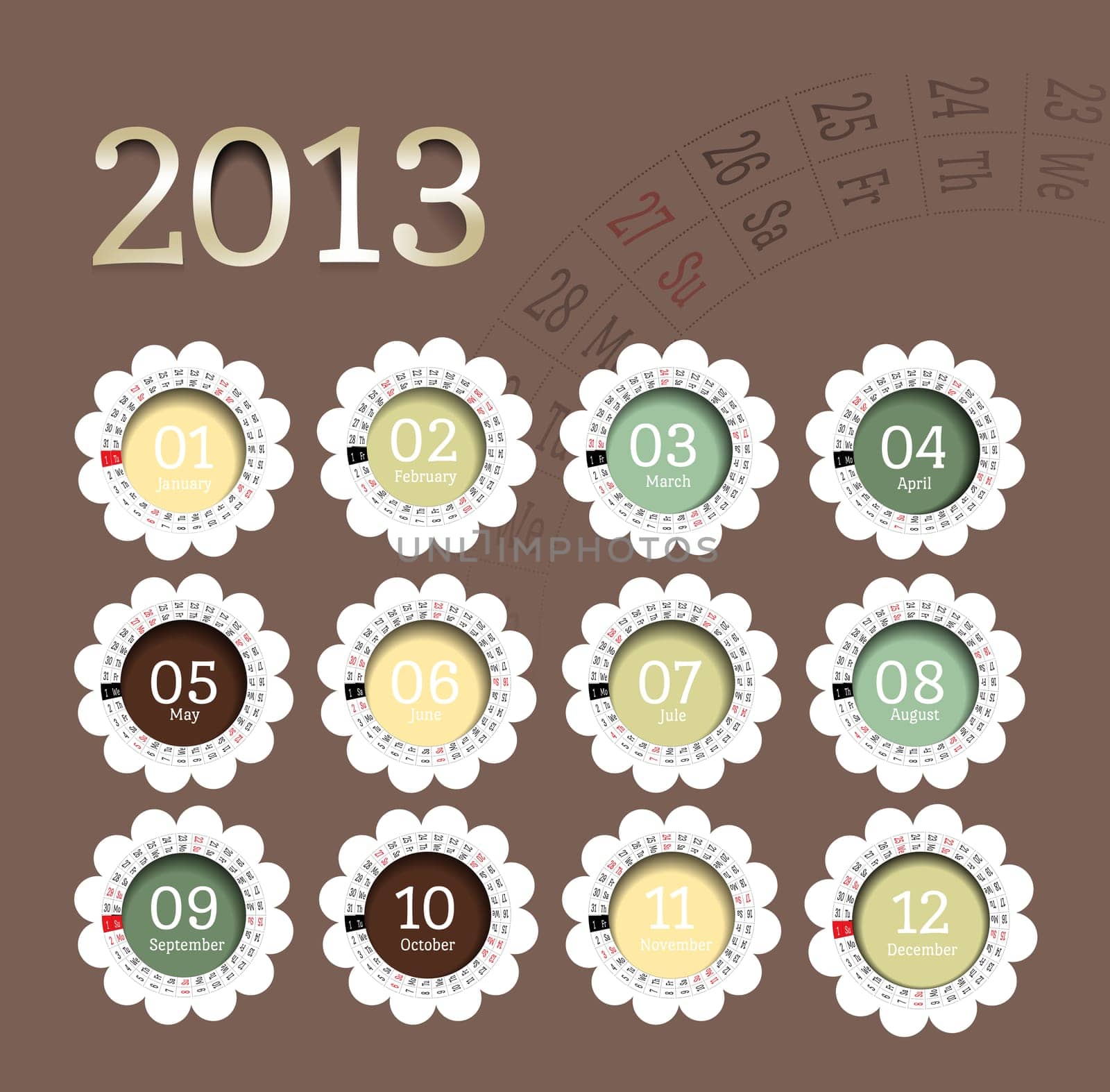 2013 calendar in flower form. Vector illustration in scrapbooking style