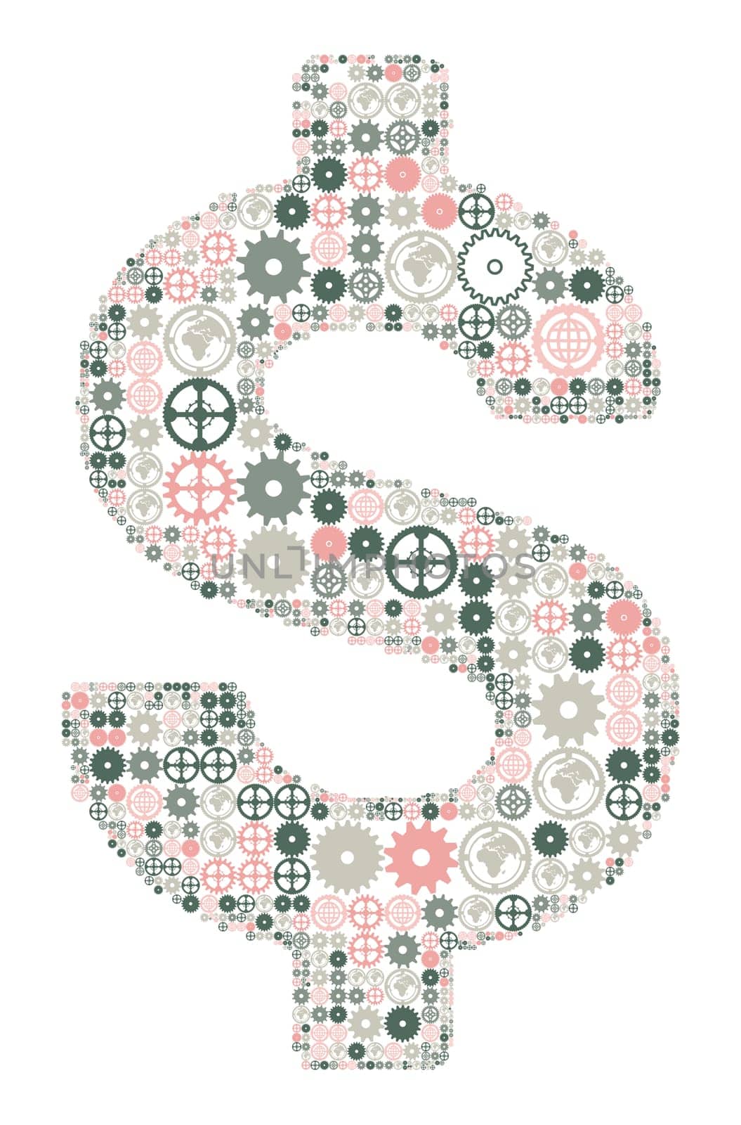 U.S. dollar sign on a white background, made of colored gears. Vector illustration