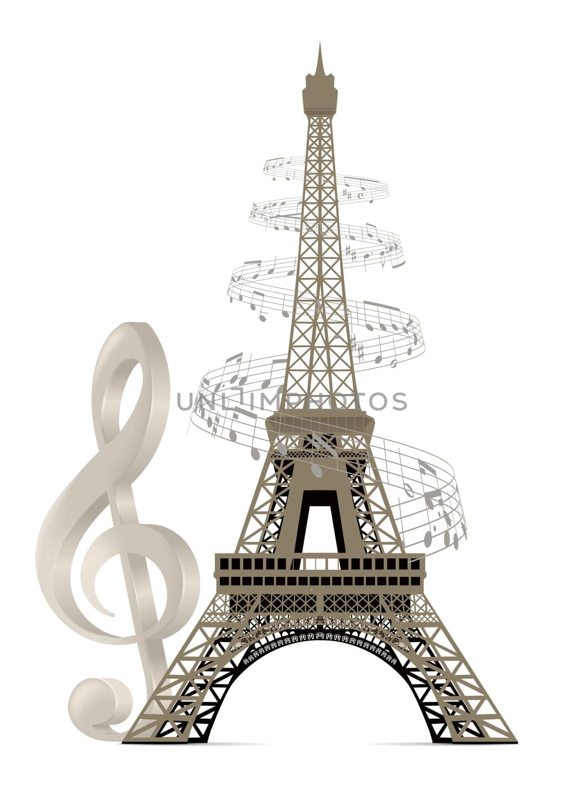 Eiffel Tower with musical notes and a treble clef