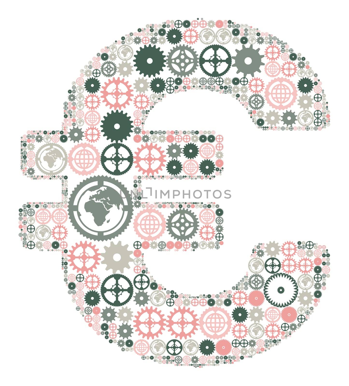 Euro sign on a white background, made of colored gears. Vector illustration