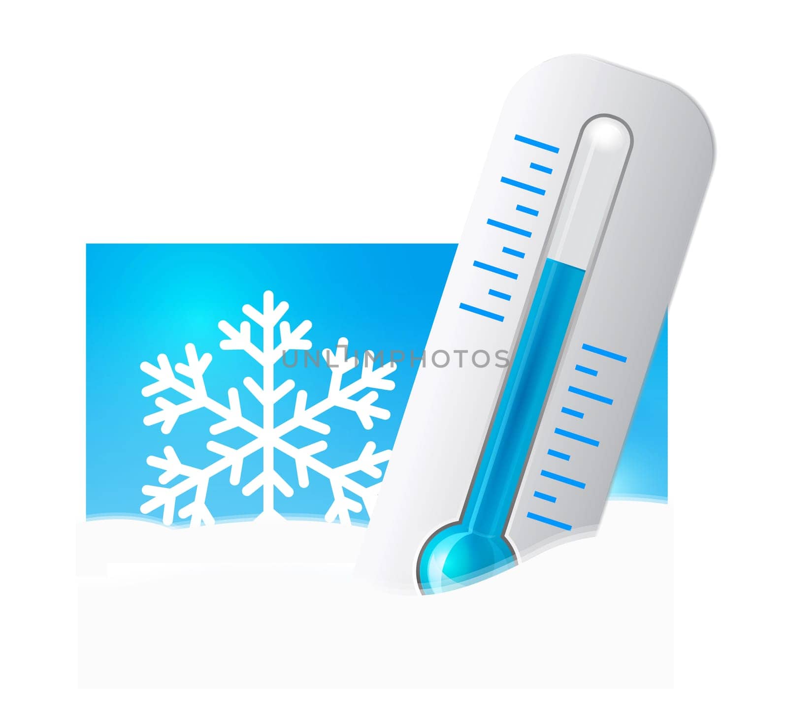 Thermometer in the snow with snowflakes in the background. Vector illustration