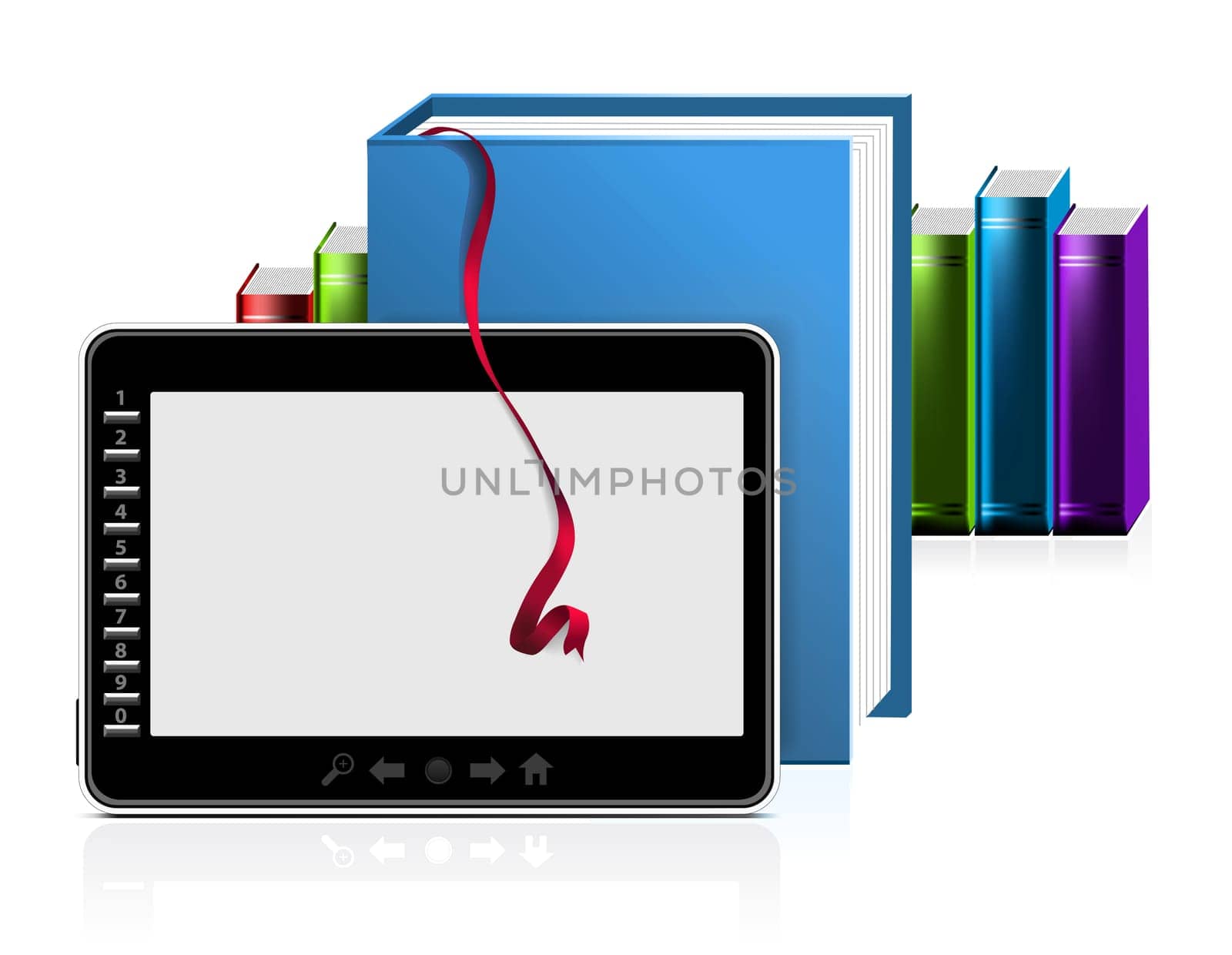 E-book reader with stack of books on white. Vector illustration
