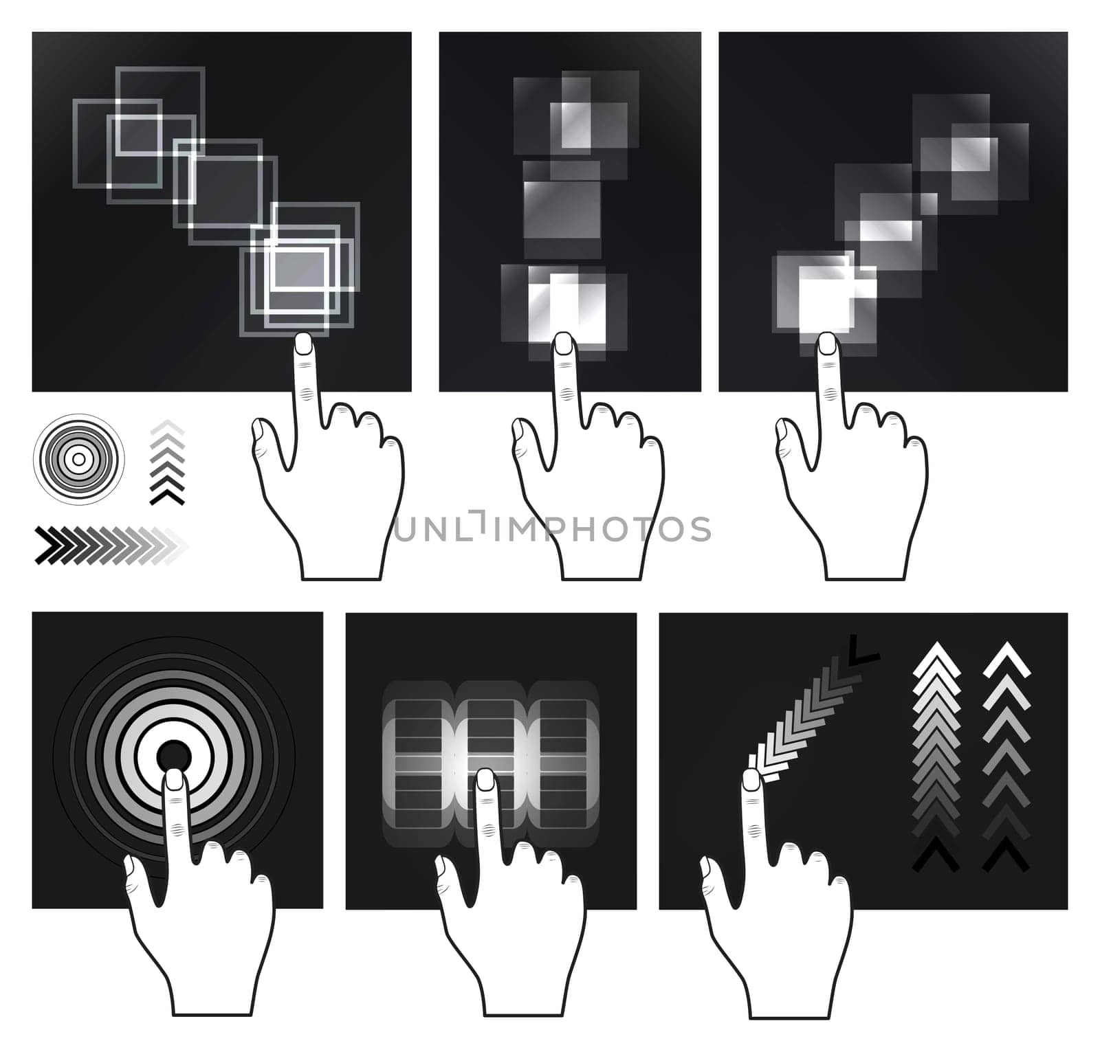 Touch screen gesture, interface set. Vector illustration