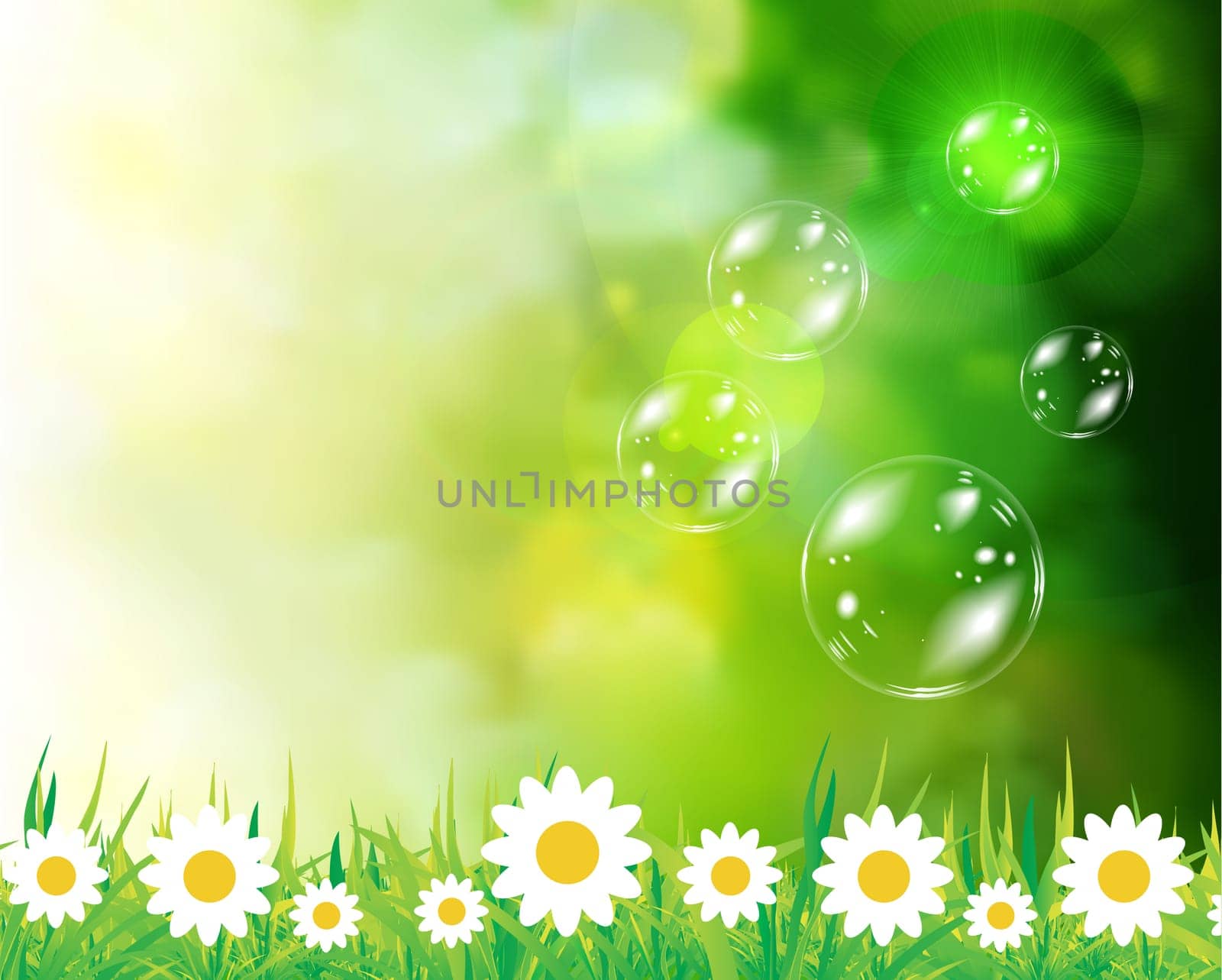 Soap bubbles on green natural background. Vector