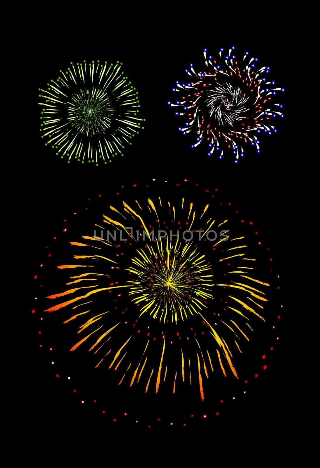 Brightly Colorful Vector Fireworks and Salute- vector isolated on black background