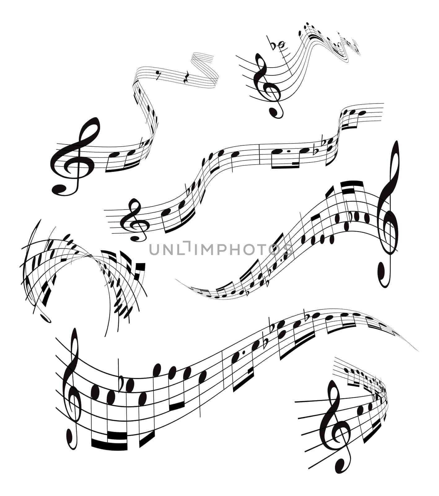 Set of curling, vector musical notes staff on white