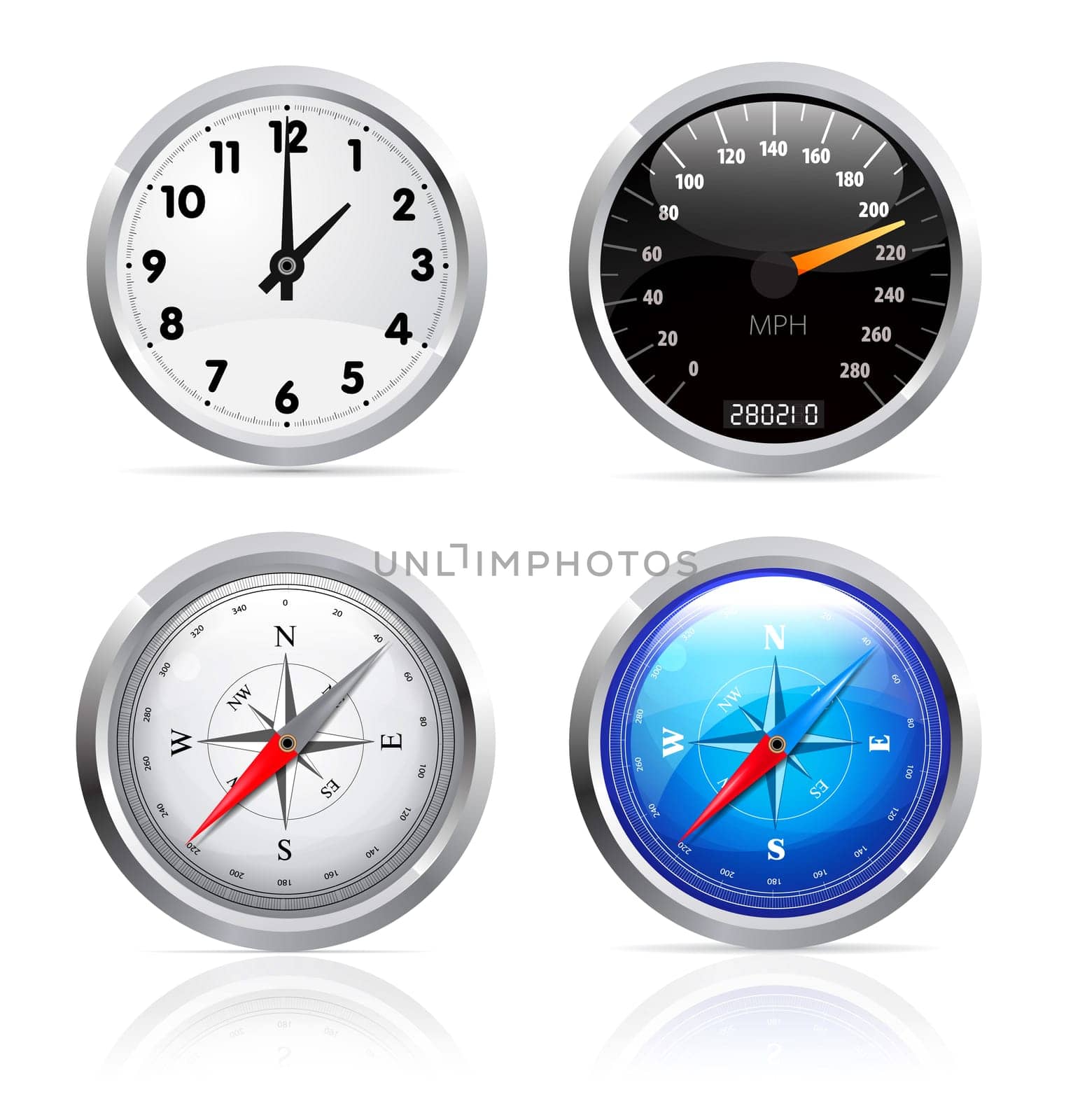 Glossy clock, speedometer and compass set illustration on white background