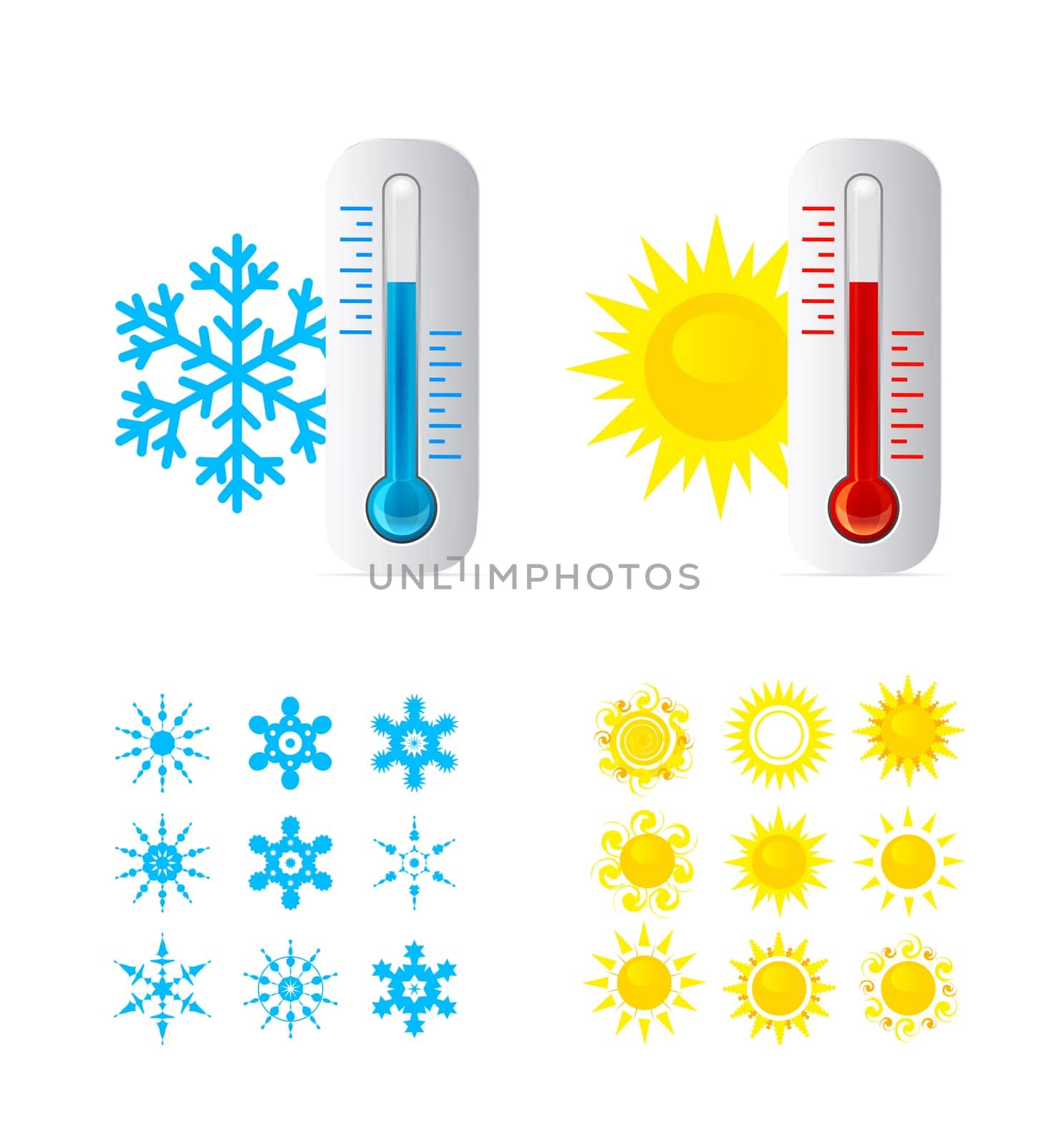 Thermometer Hot And Cold Temperature. Also Sun and snowflakes icons set. Vector iilustration