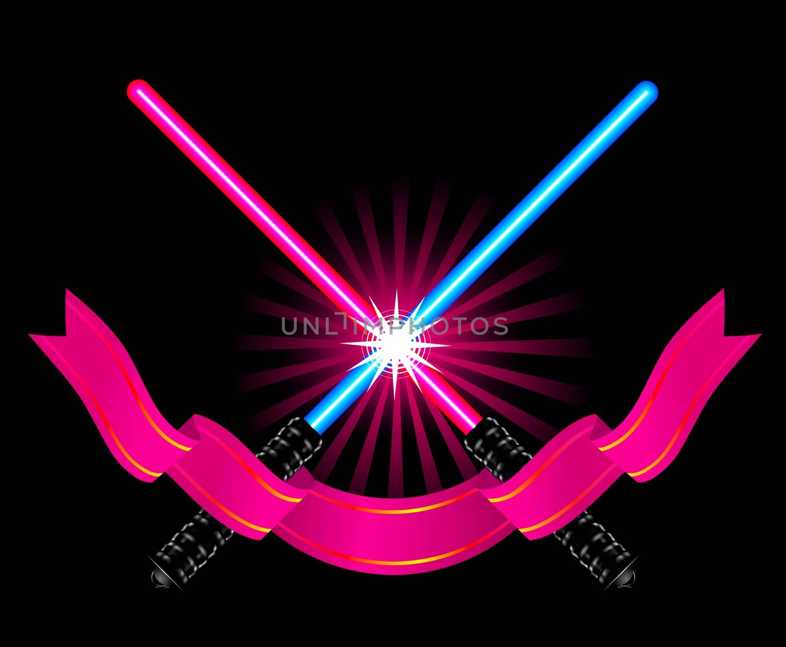 Crossed light sabers with ribbon vector illustration on black