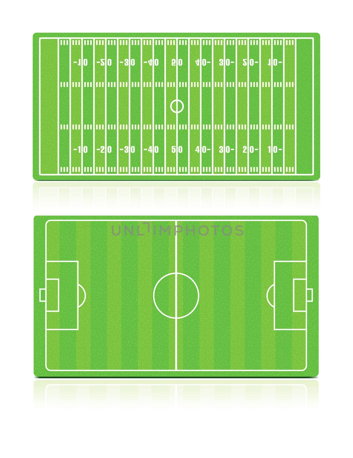 Vector illustration of Football (Soccer) and American Football fields with grass (noise) texture.