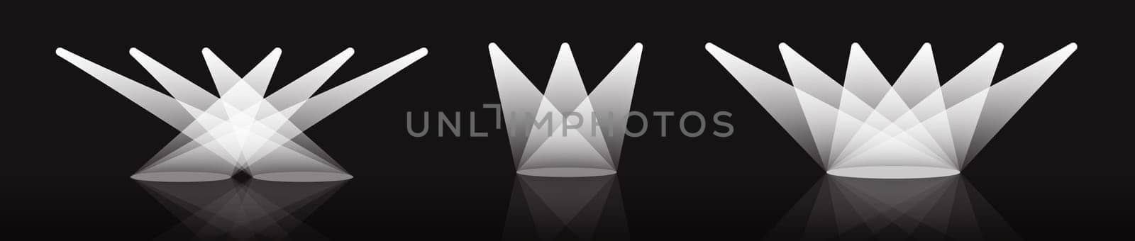 Spotlight vector set illustration with reflection on black background
